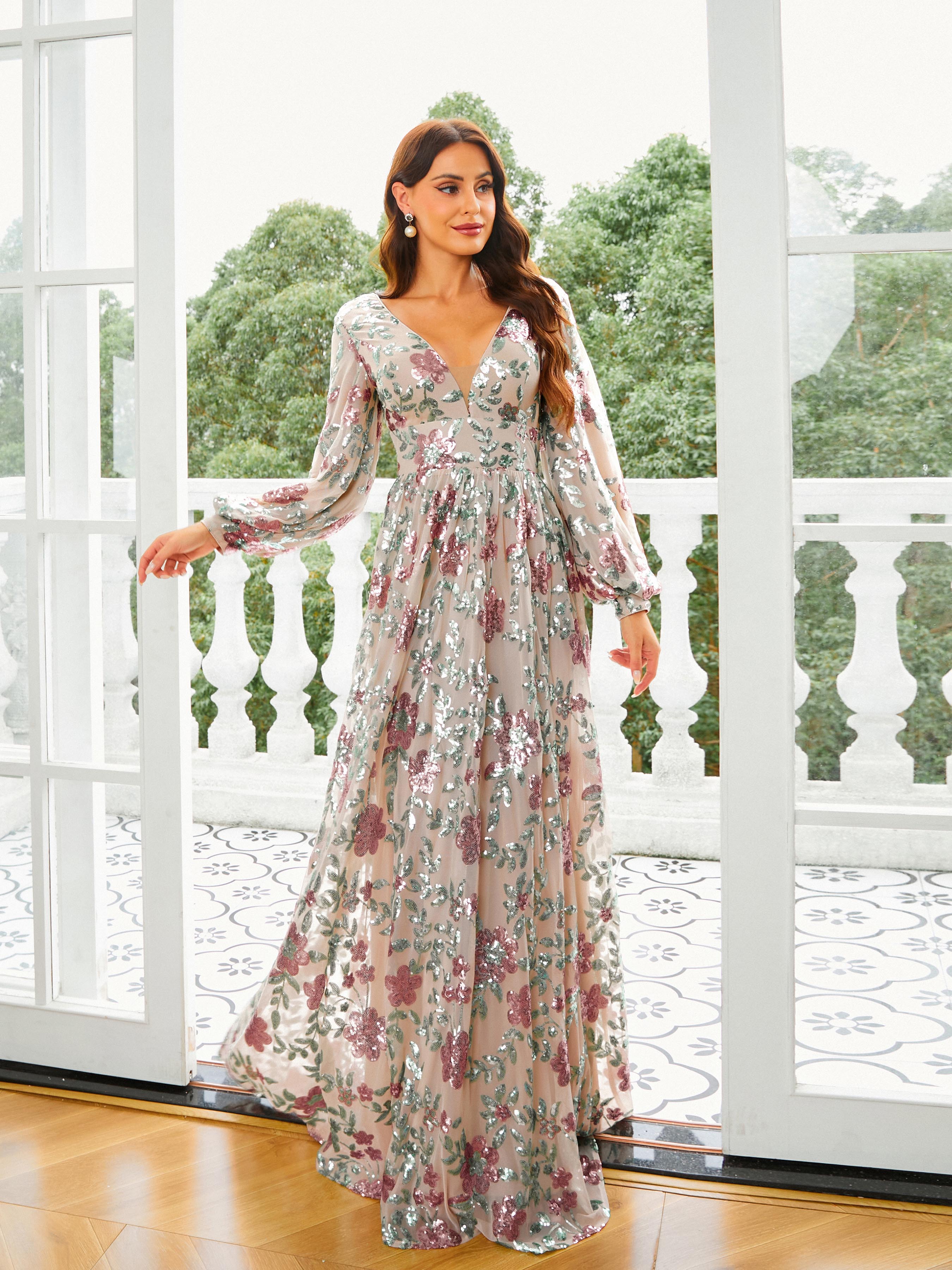 Azina -RJ10789 Sequin Long Sleeve A-line Gown