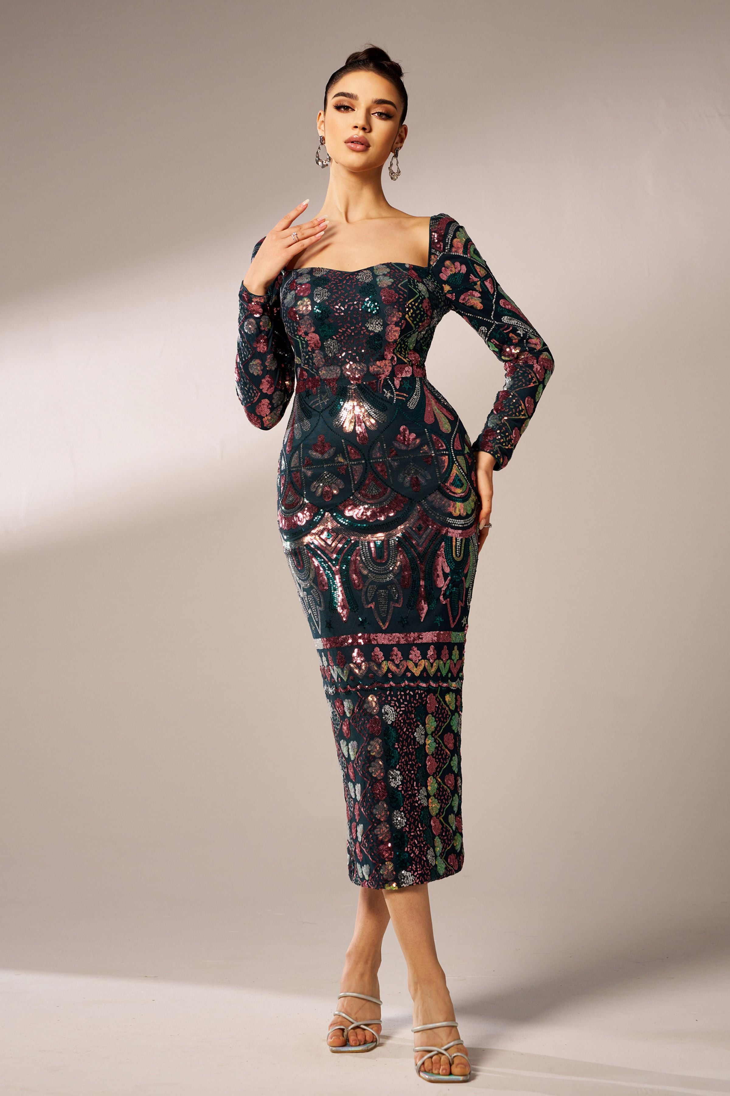 Azina -RM20830 Square Neck Long Sleeve Sequin Dress