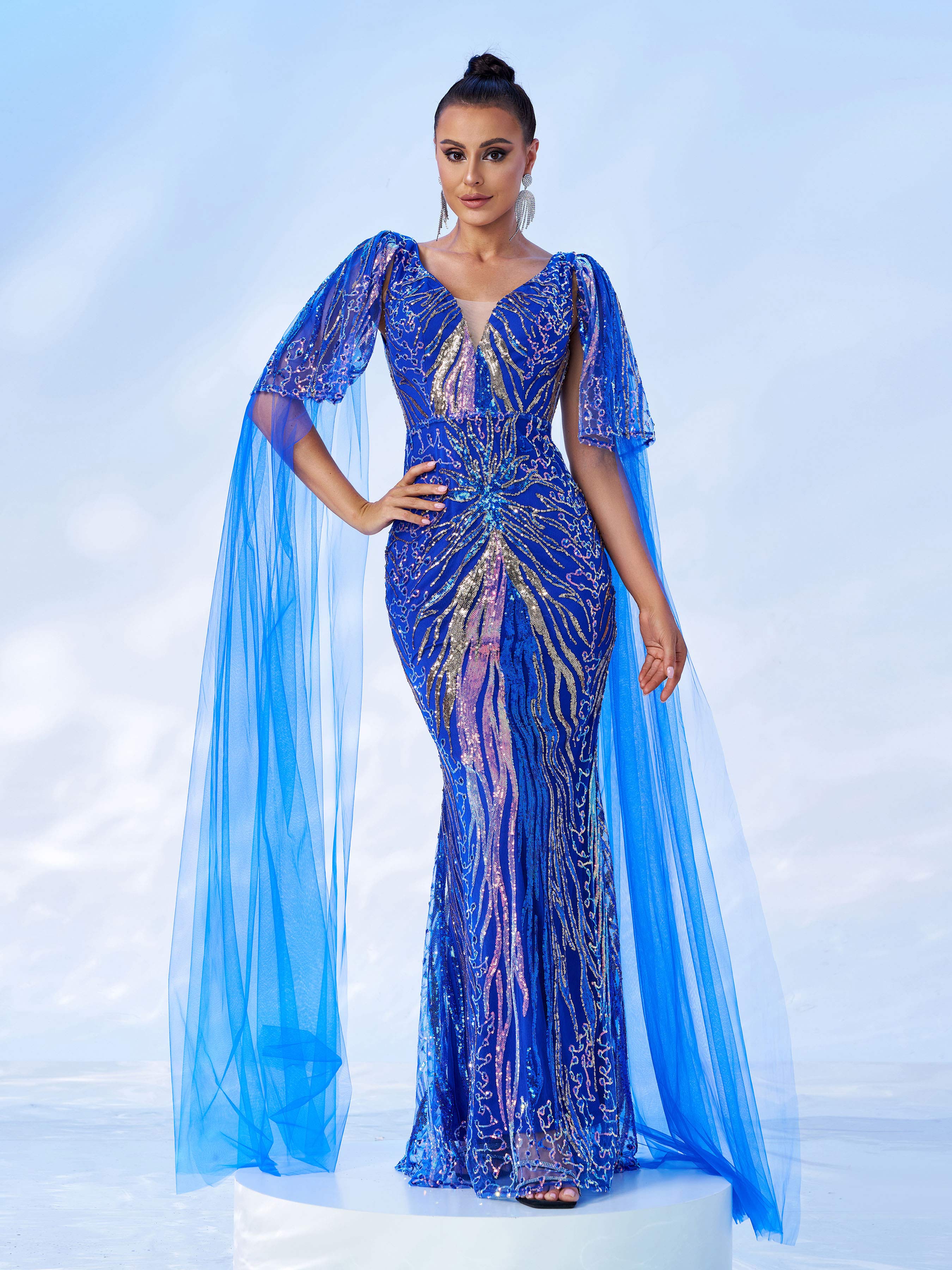 Azina -GM00442 V Neck Sequin Mermaid Evening Gown