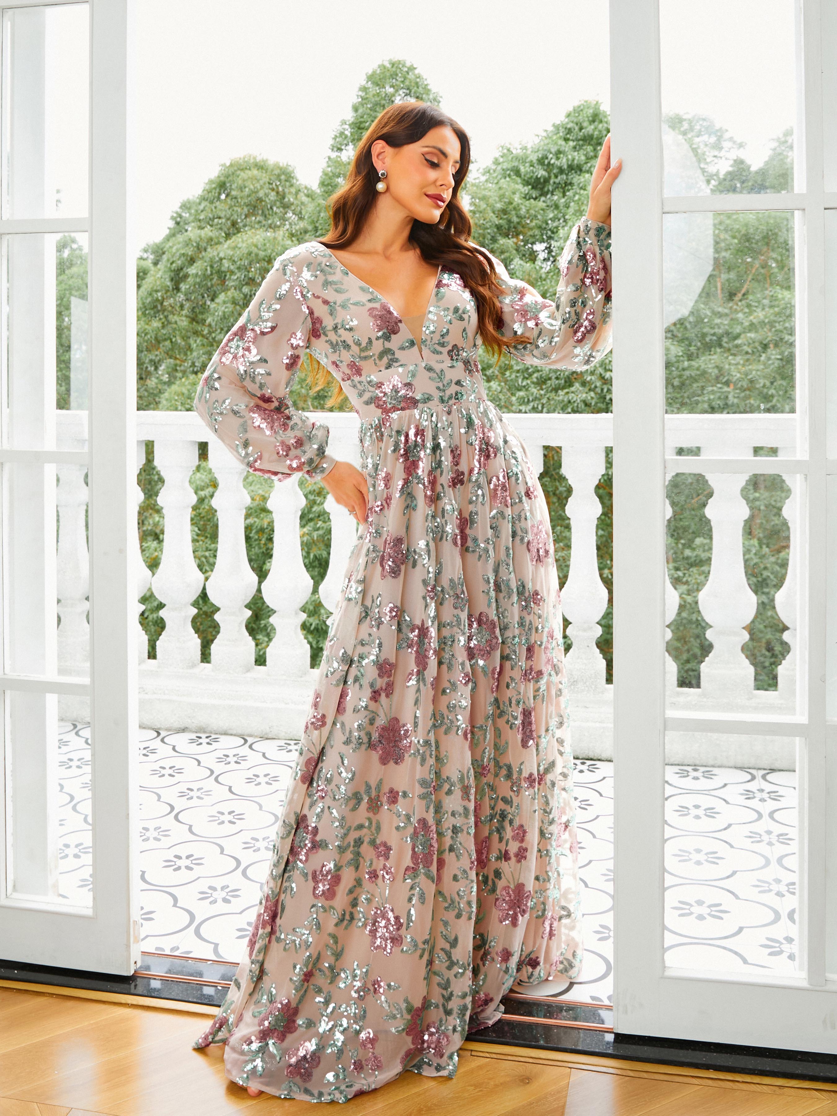 Azina -RJ10789 Sequin Long Sleeve A-line Gown