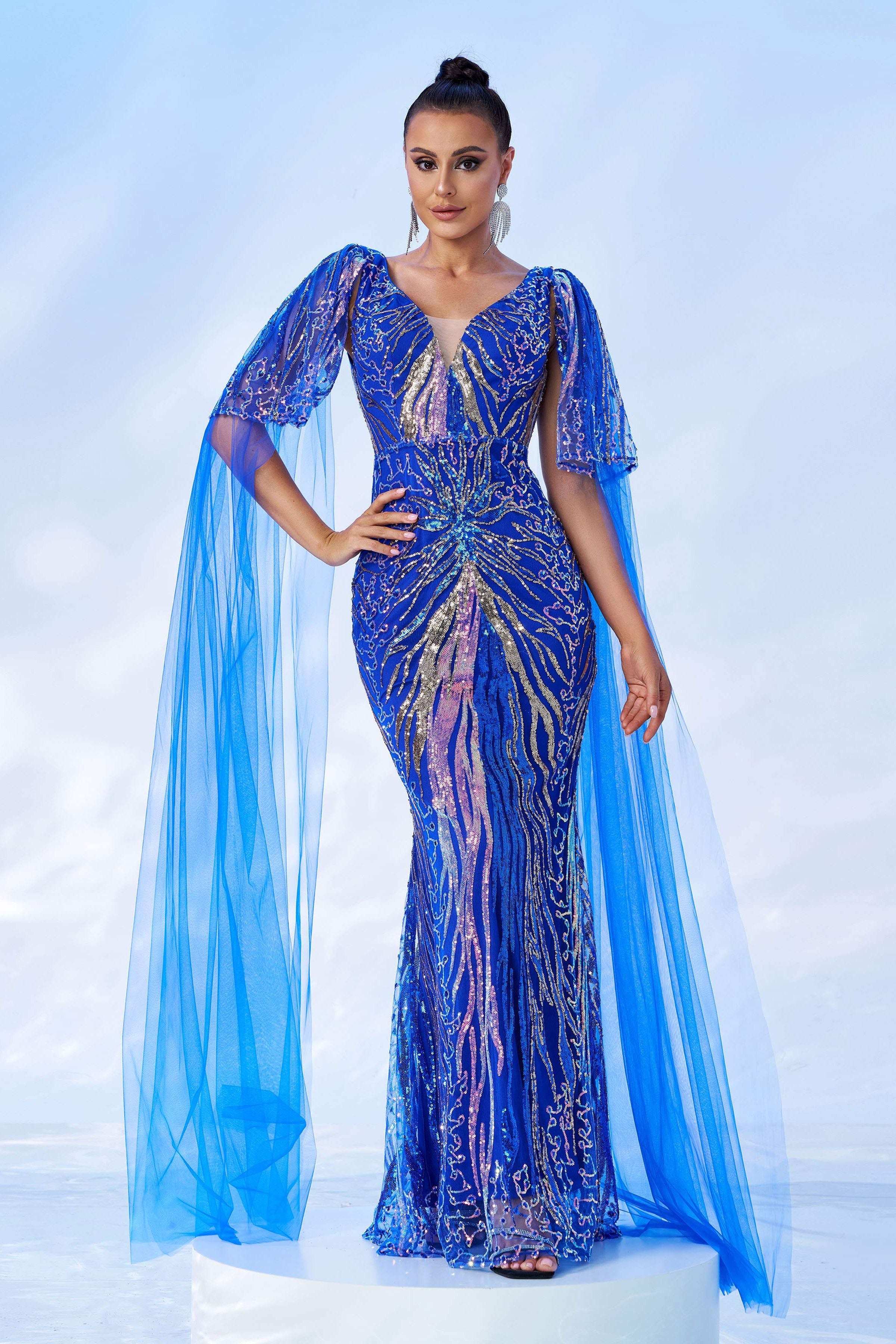 Azina -GM00442 V Neck Sequin Mermaid Evening Gown