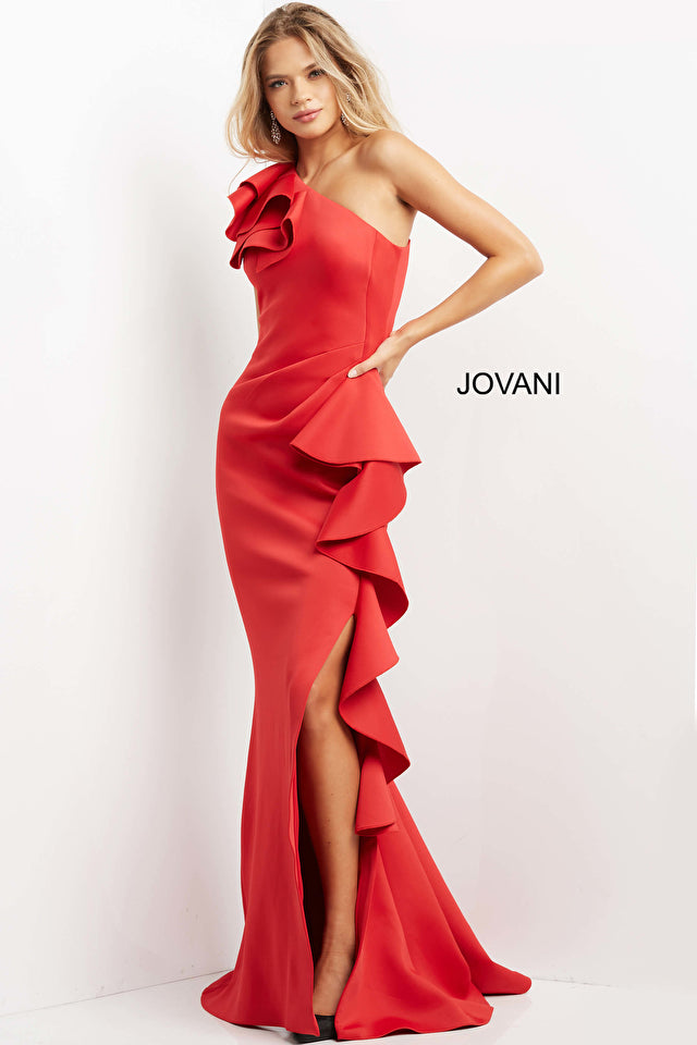One Shoulder Ruffle Evening Dress By Jovani -06603