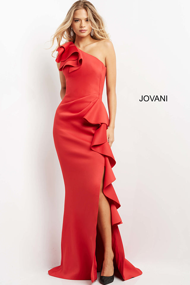 One Shoulder Ruffle Evening Dress By Jovani -06603