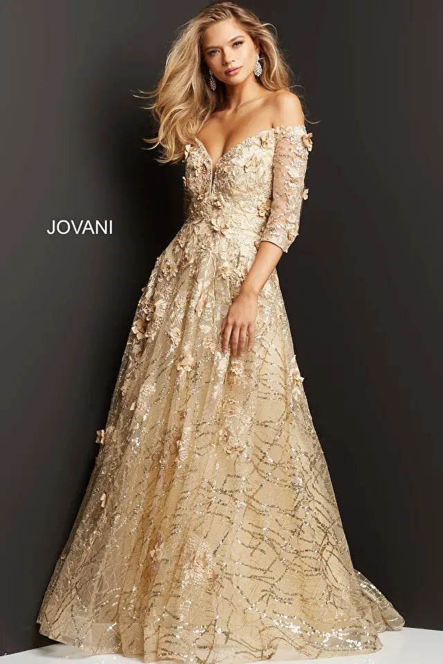 Jovani -06636 Embellished Off Shoulder A Line Gown