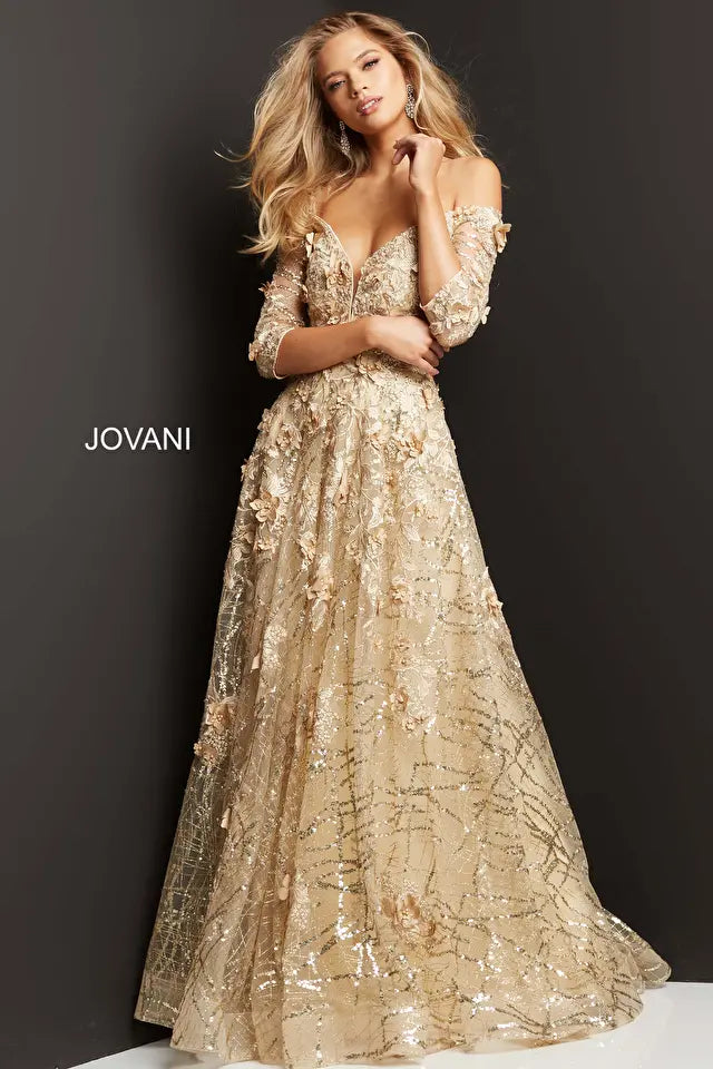 Jovani -06636 Embellished Off Shoulder A Line Gown