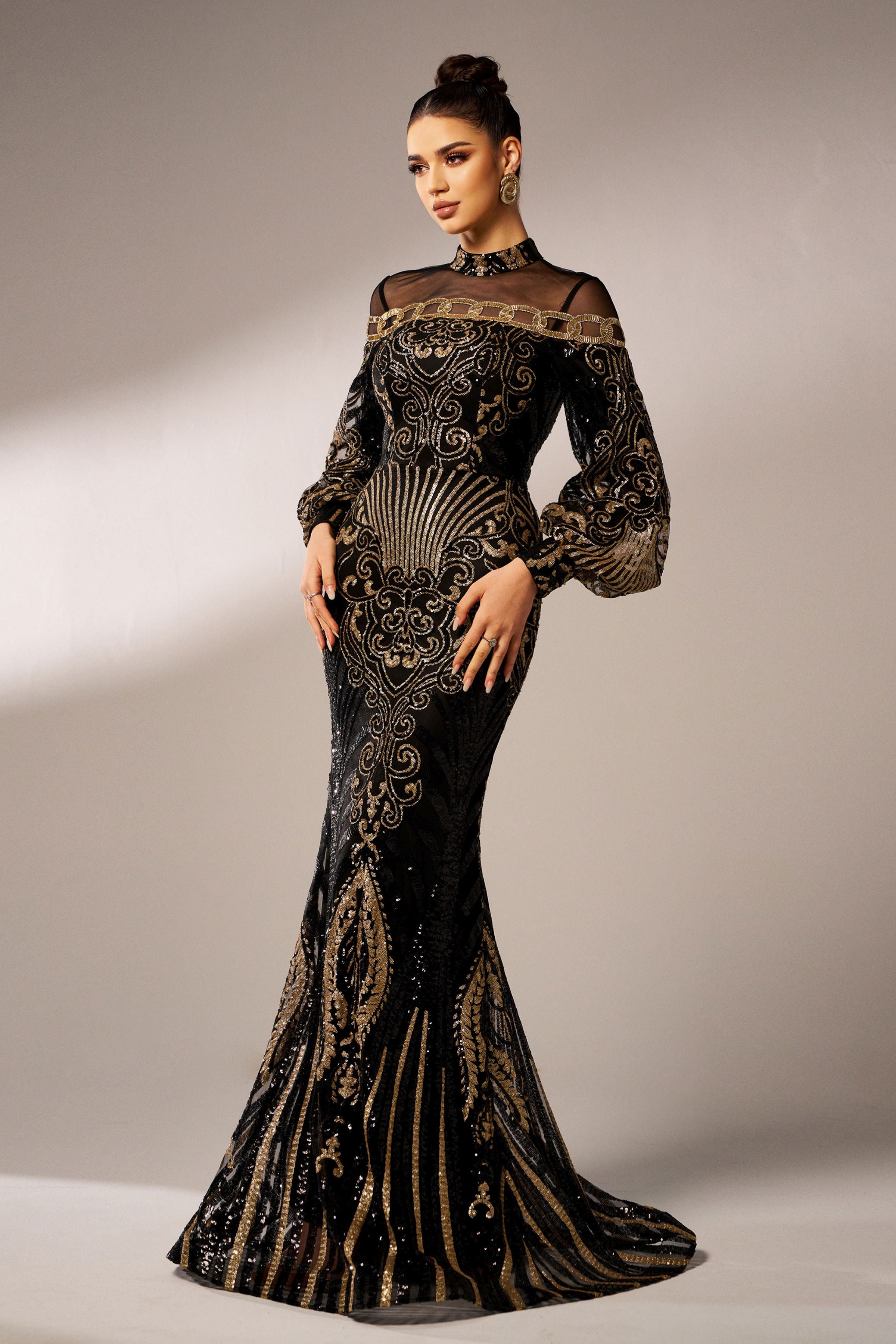 Azina -DH80229 Embroidered Long Sleeve Evening Dress