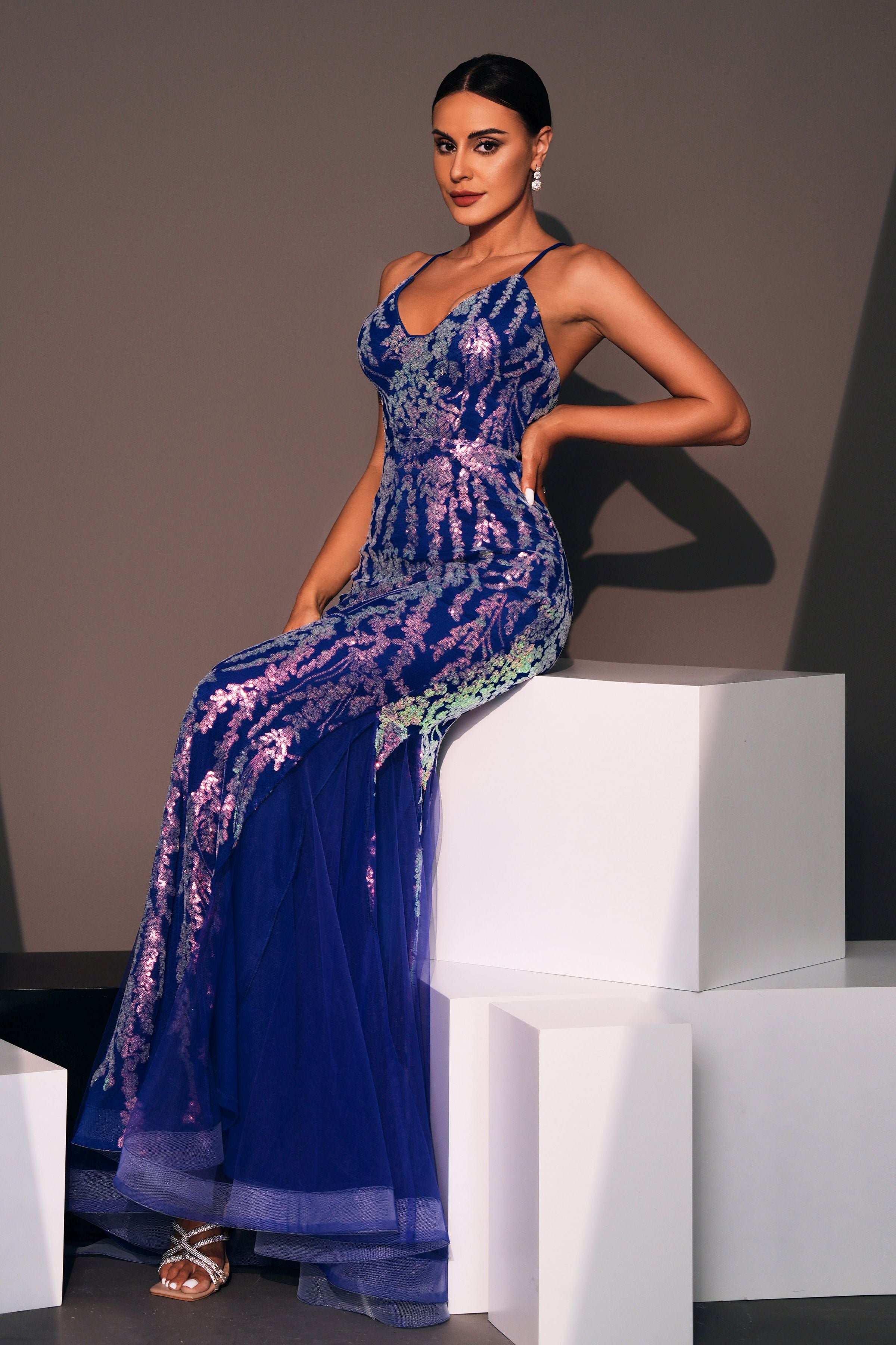 Azina -RJ11833 Floral Sequin Print V-Neck Mermaid Dress