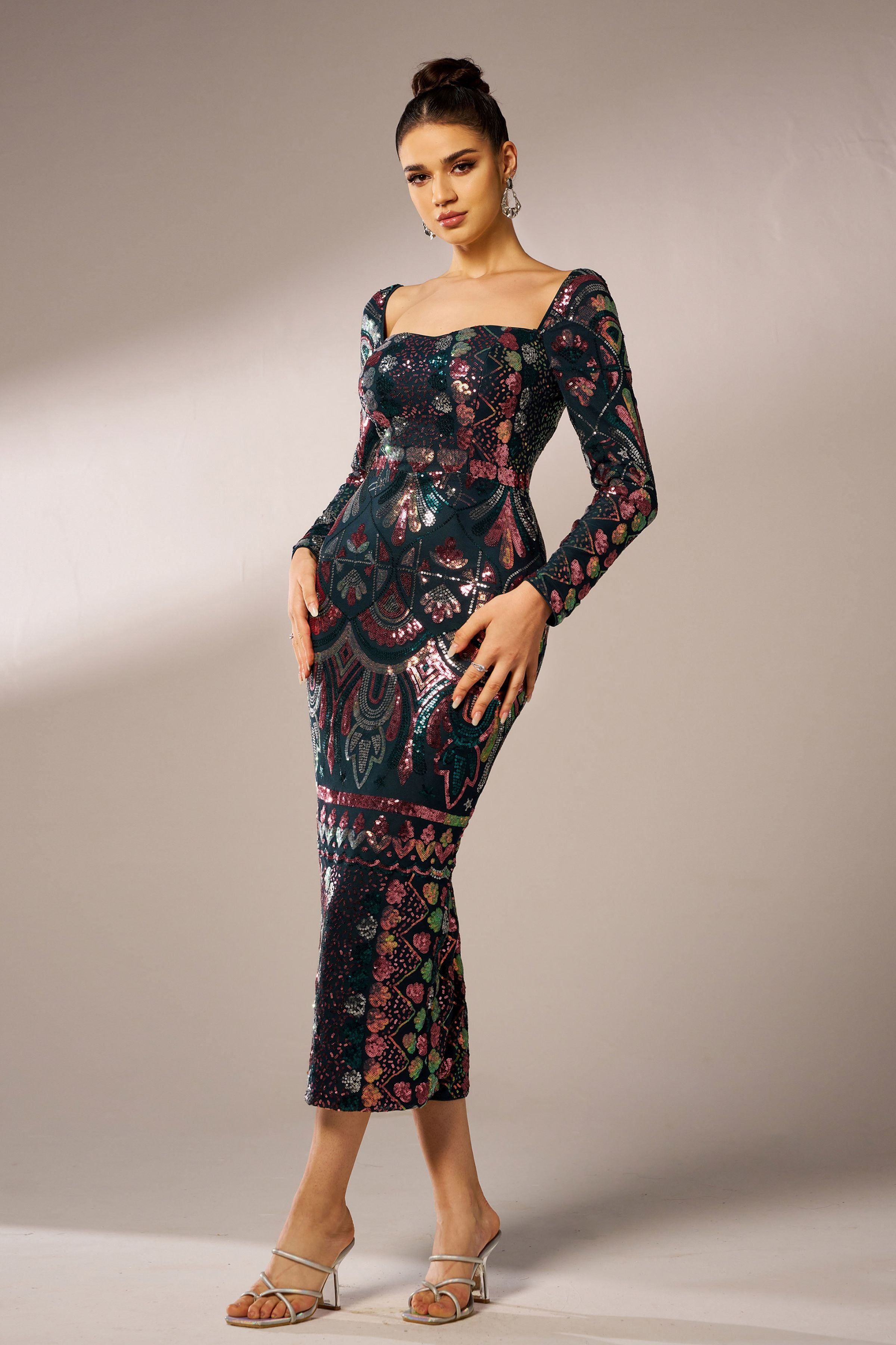 Azina -RM20830 Square Neck Long Sleeve Sequin Dress