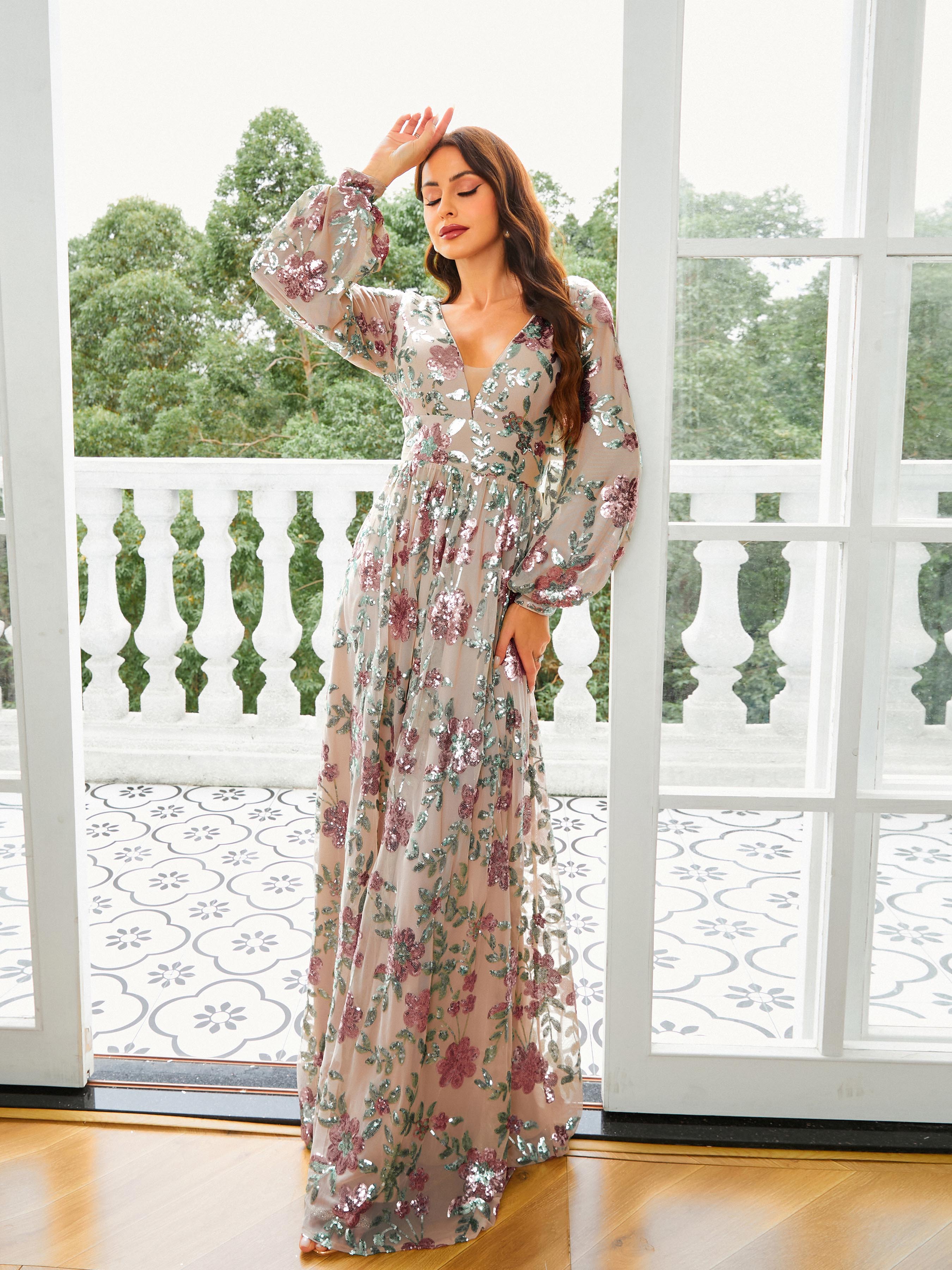 Azina -RJ10789 Sequin Long Sleeve A-line Gown
