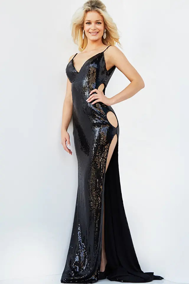 Jovani -07532 V-Neck Cutout Sequin Prom Dress