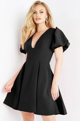 Puff Sleeve Plunging A-Line Dress By Jovani -07628