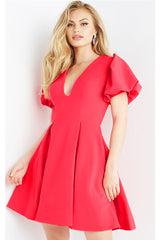 Puff Sleeve Plunging A-Line Dress By Jovani -07628