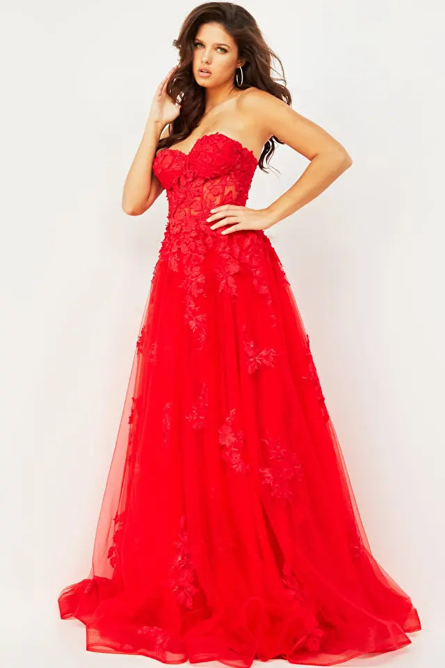 Lace Appliques Strapless Prom Gown By Jovani -07901