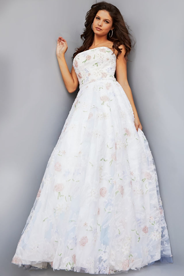 Off White Multi Strapless Floral Ballgown By Jovani -07966