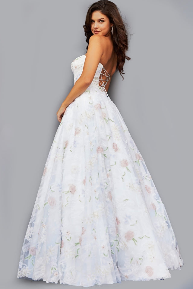 Off White Multi Strapless Floral Ballgown By Jovani -07966