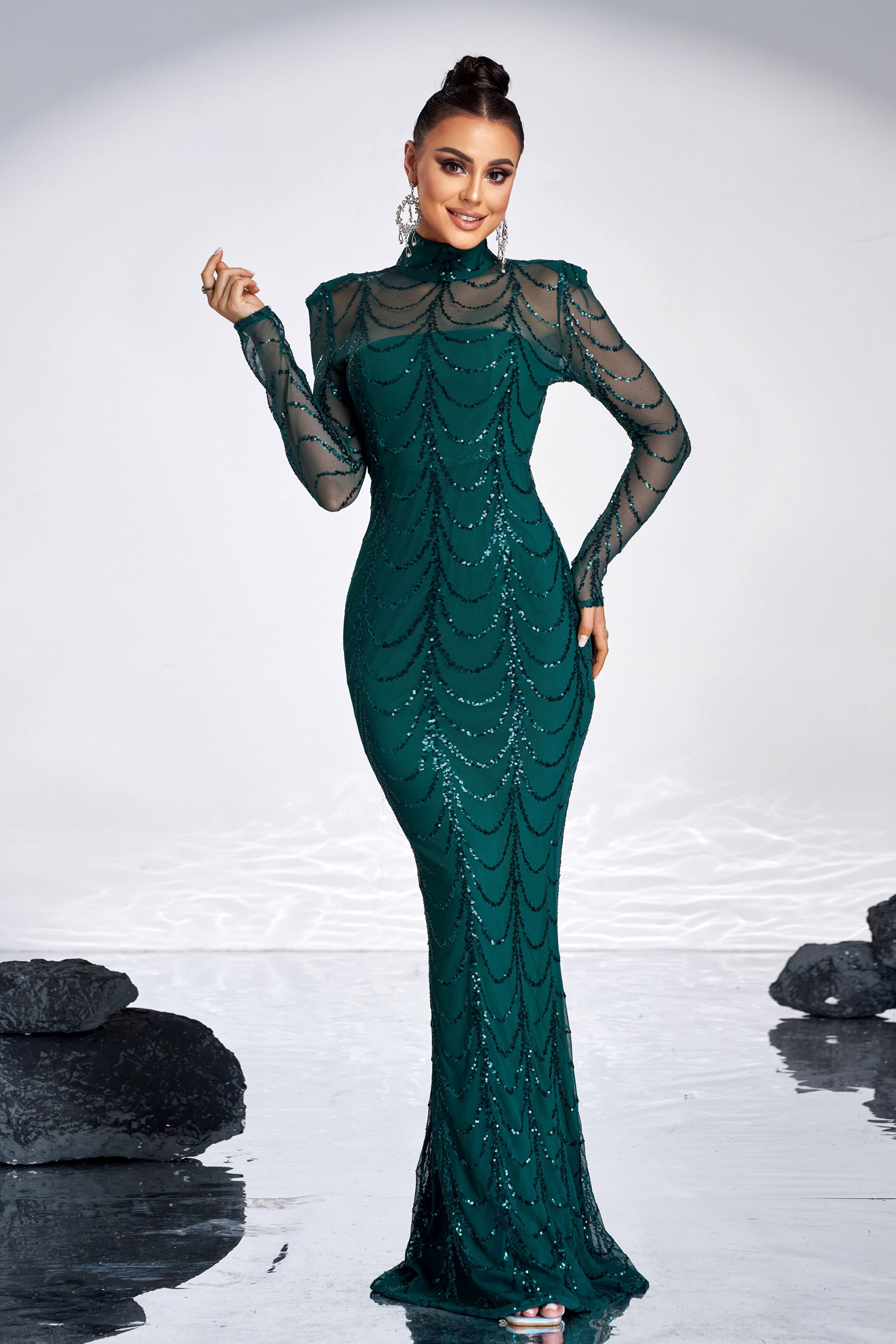 Azina -M0032 Mock-Neck Sequin Mesh Prom Dress