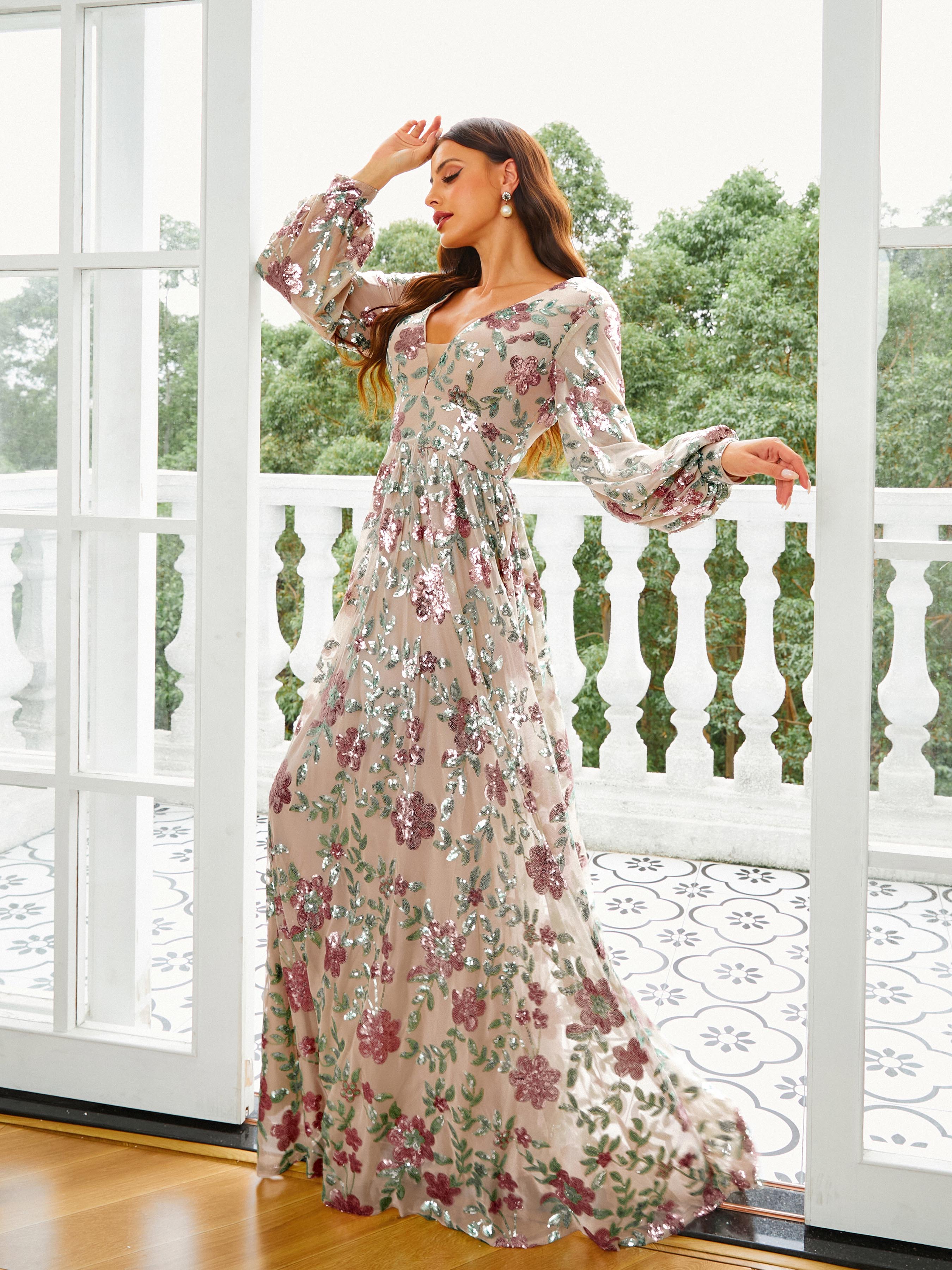 Azina -RJ10789 Sequin Long Sleeve A-line Gown