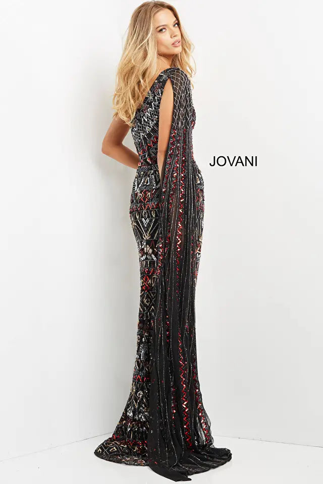 Jovani -08450 Asymmetric with Shoulder Cape Long Dress