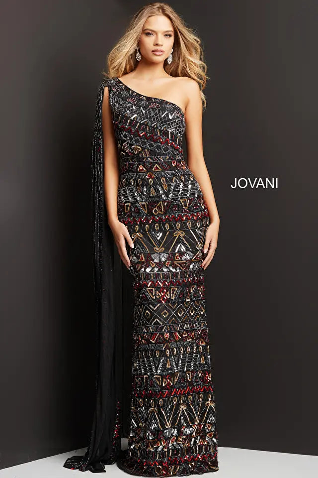 Jovani -08450 Asymmetric with Shoulder Cape Long Dress