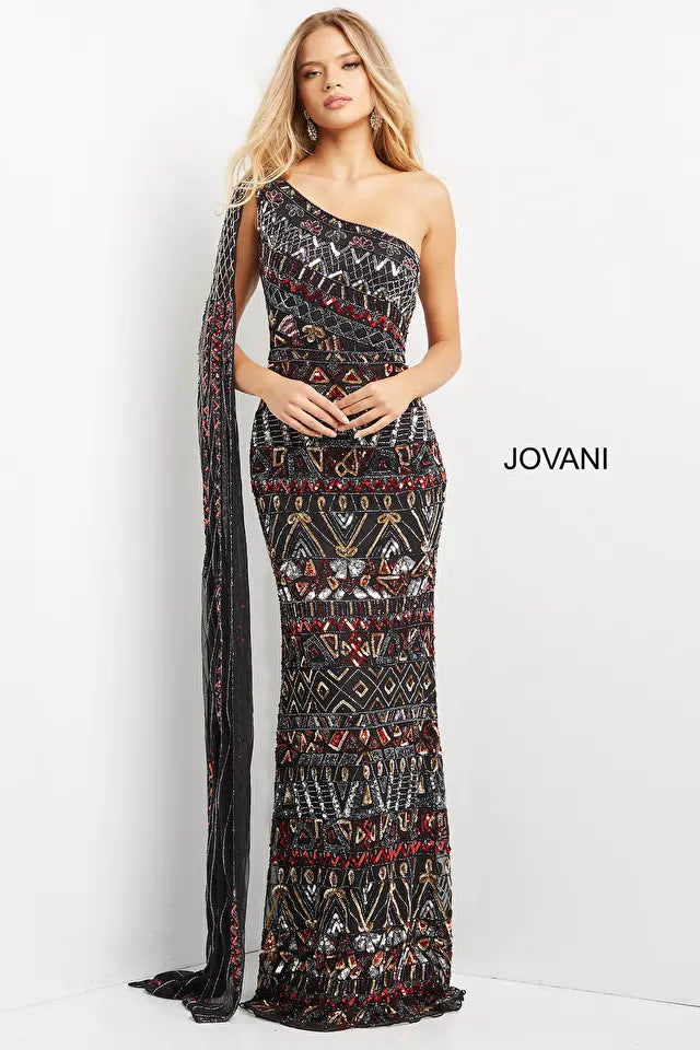 Jovani -08450 Asymmetric with Shoulder Cape Long Dress