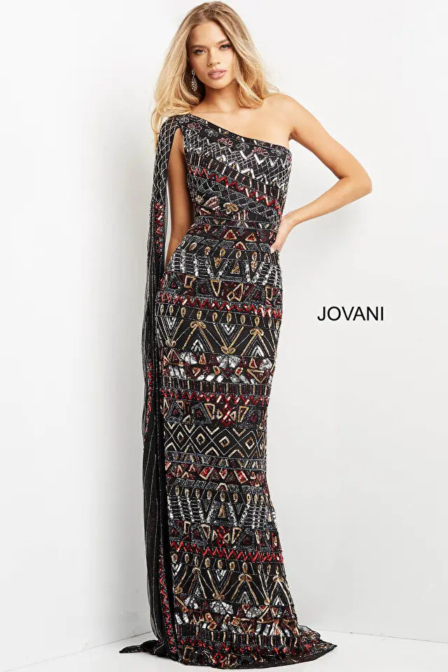 Jovani -08450 Asymmetric with Shoulder Cape Long Dress