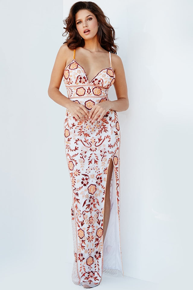 Embellished V Neck Evening Dress By Jovani -08546