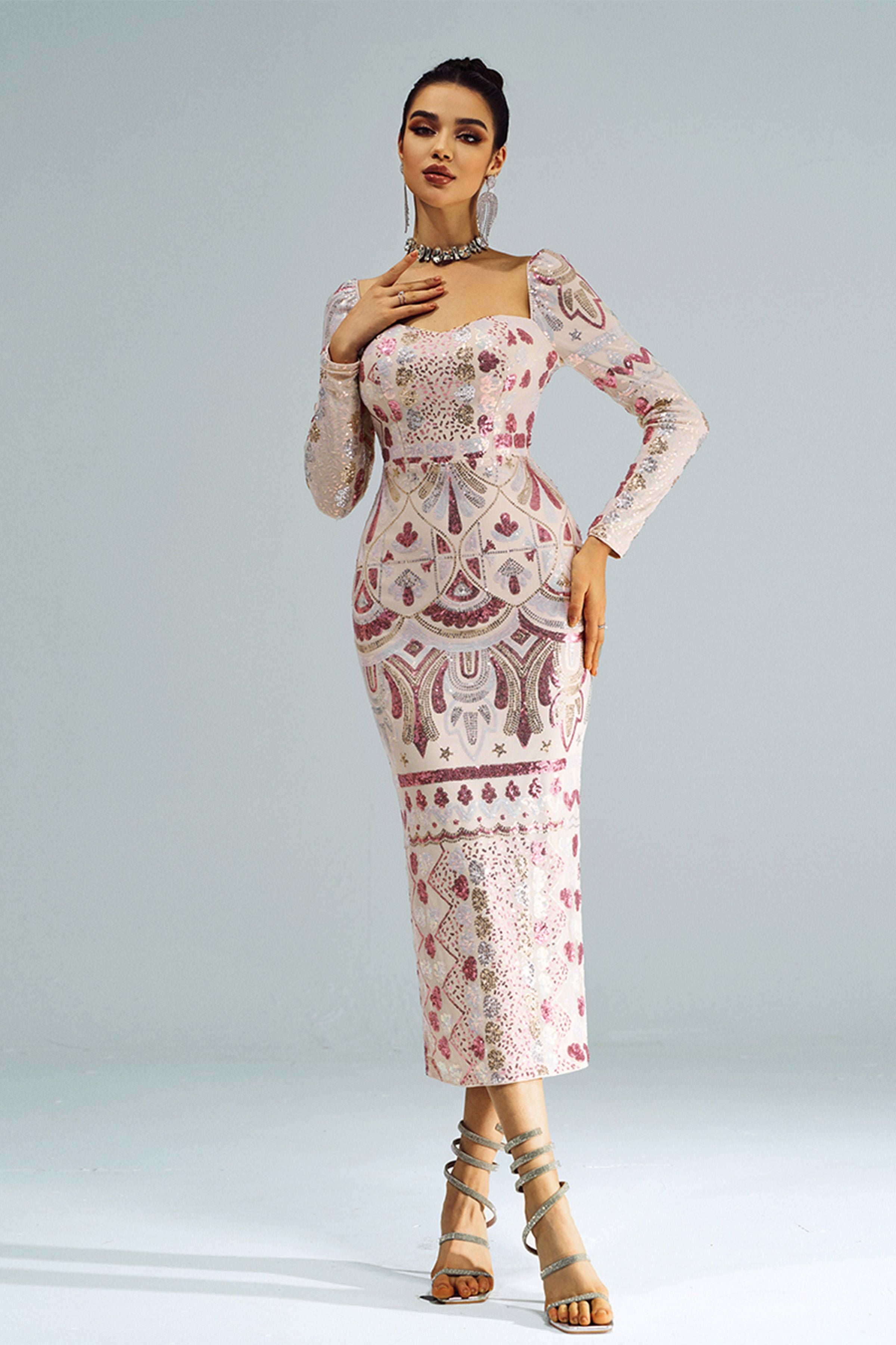 Azina -RM20830 Square Neck Long Sleeve Sequin Dress