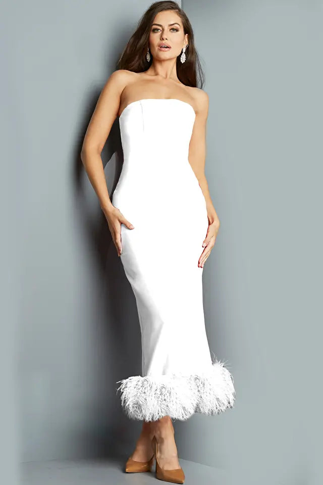 Jovani -09630 Straight Strapless Feather Hemline Prom Dress