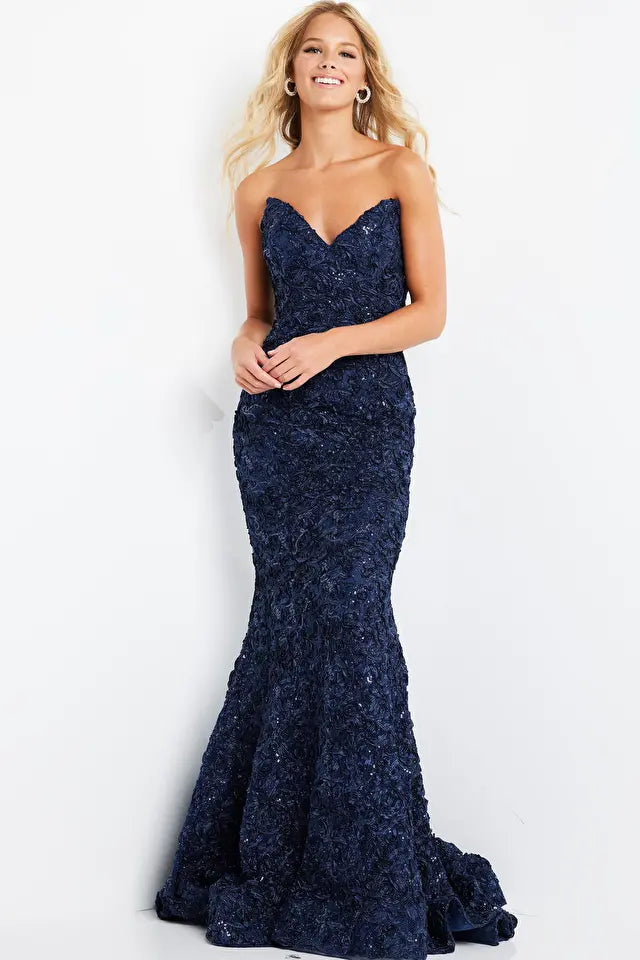 Jovani -09768 Strapless Rosette Lace Evening Dress