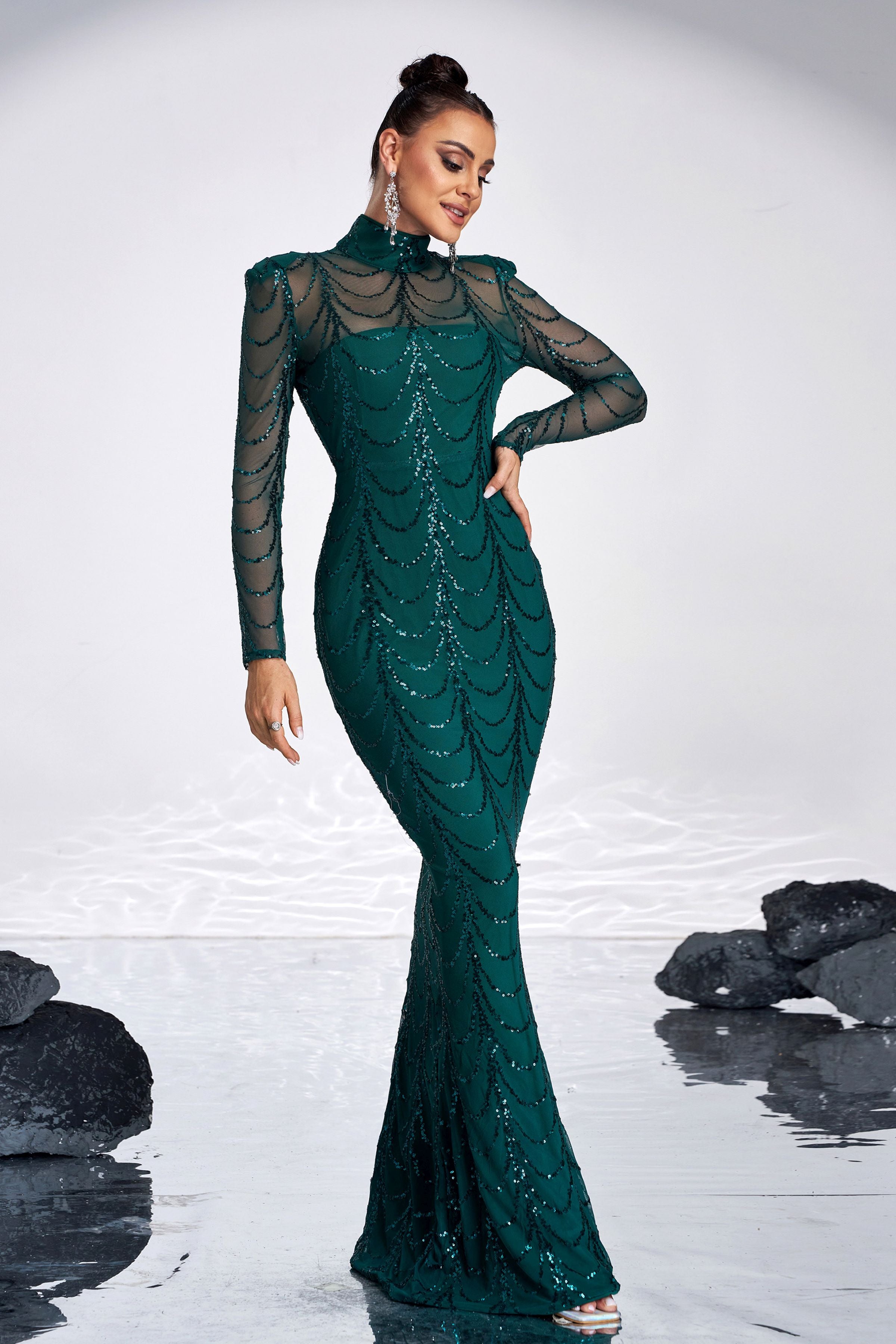 Azina -M0032 Mock-Neck Sequin Mesh Prom Dress