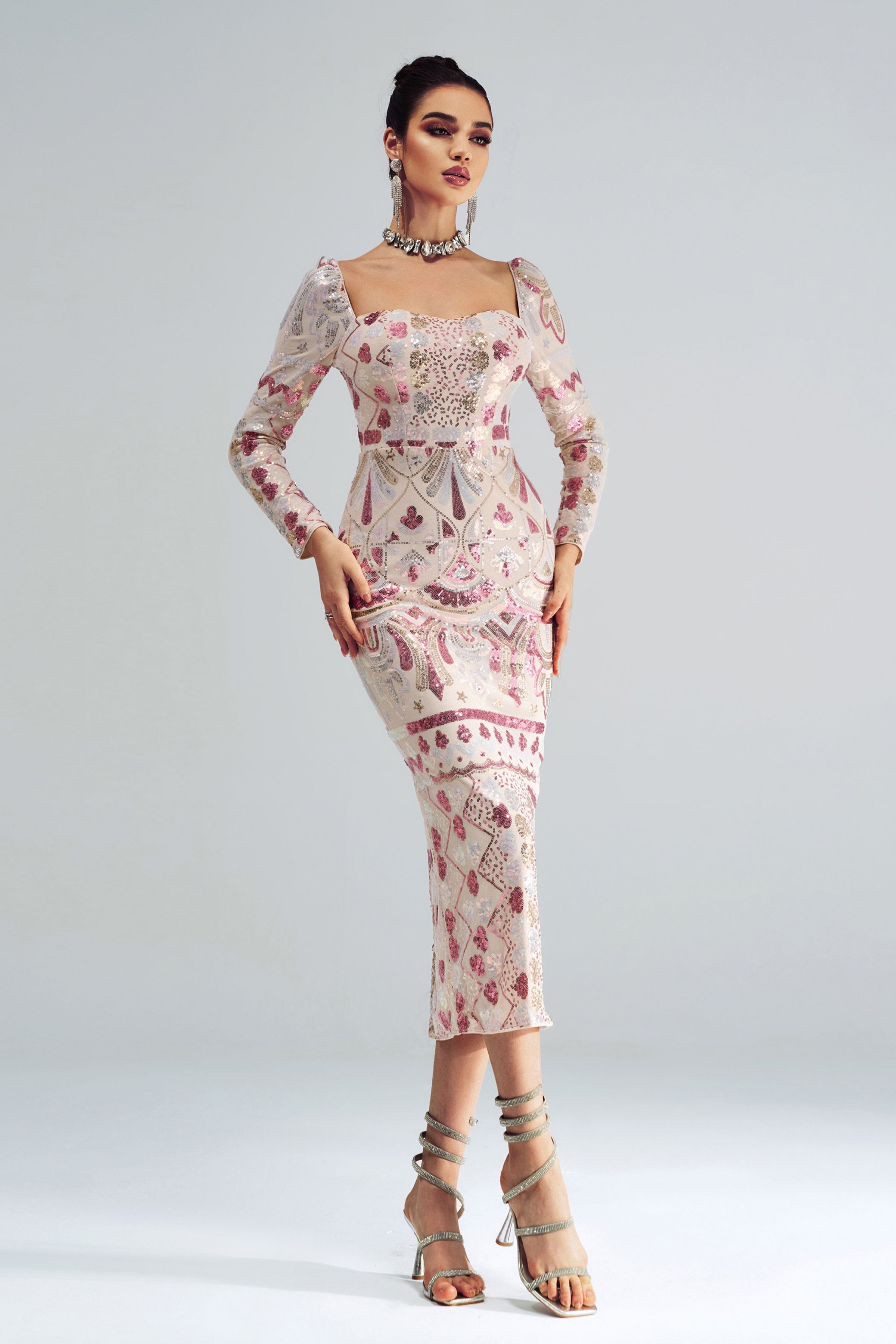 Azina -RM20830 Square Neck Long Sleeve Sequin Dress