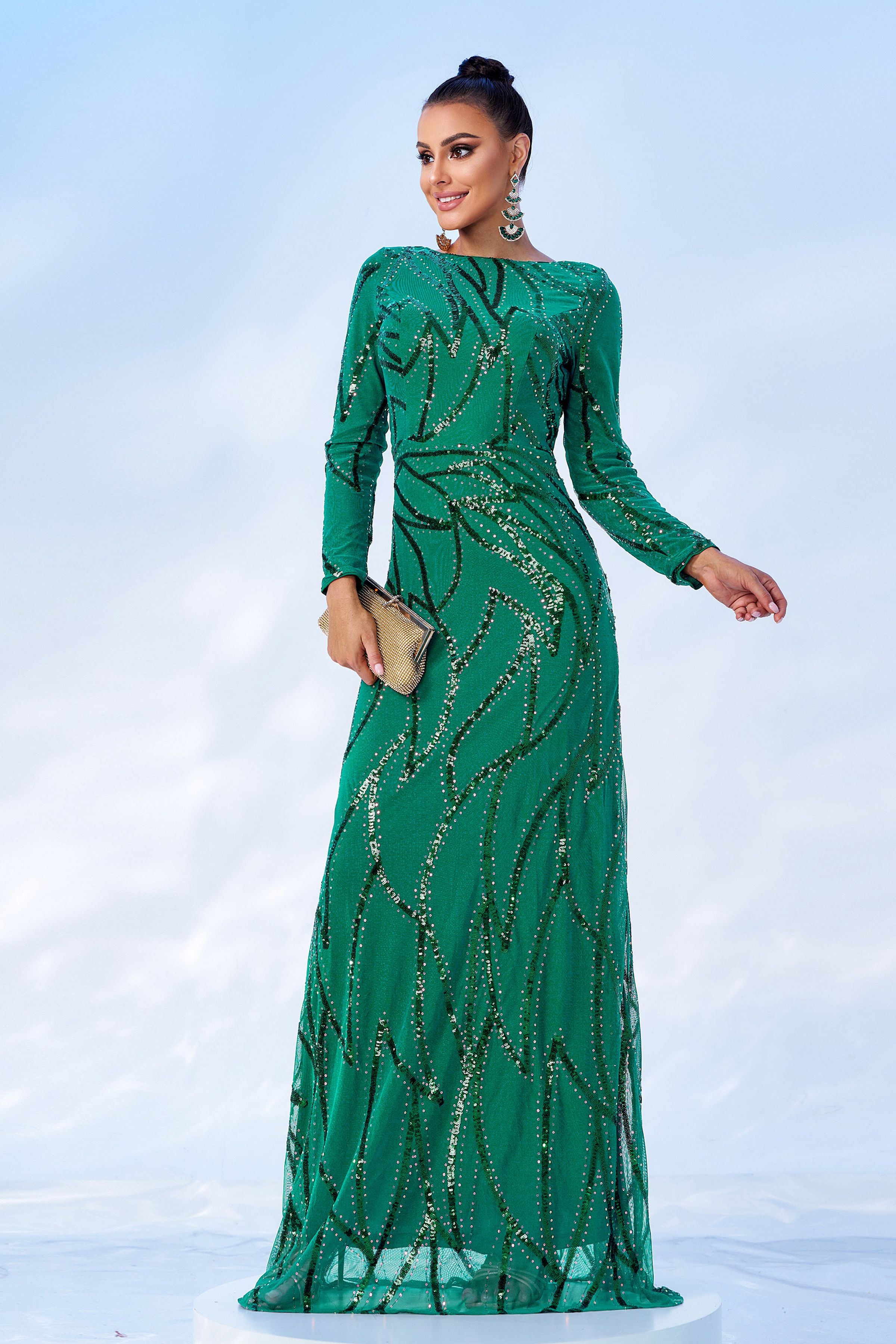 Azina -XJ1962 A-Line Long Sleeve Sequin Dress