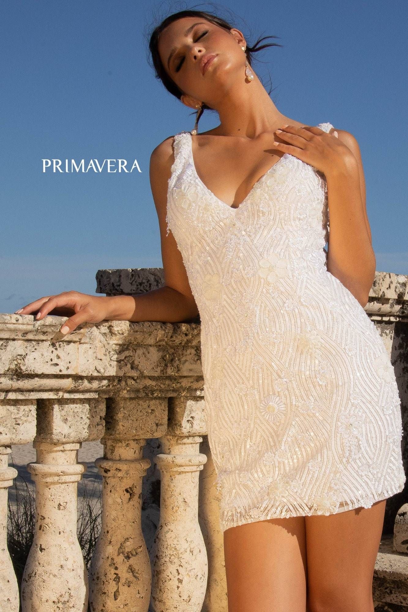 Fully Sequined Plunging V Neckline Short Bridal Dress By Primavera Couture -11040