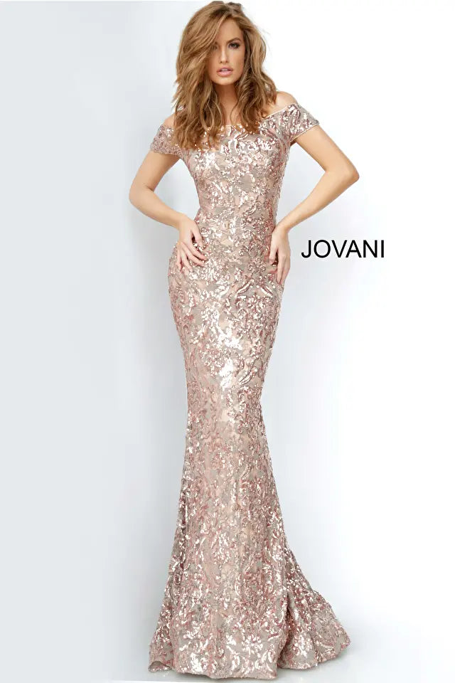 Jovani -1122 Sequined Off-Shoulder Sheath Dress