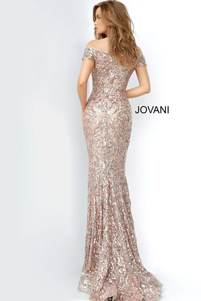 Jovani -1122 Sequined Off-Shoulder Sheath Dress