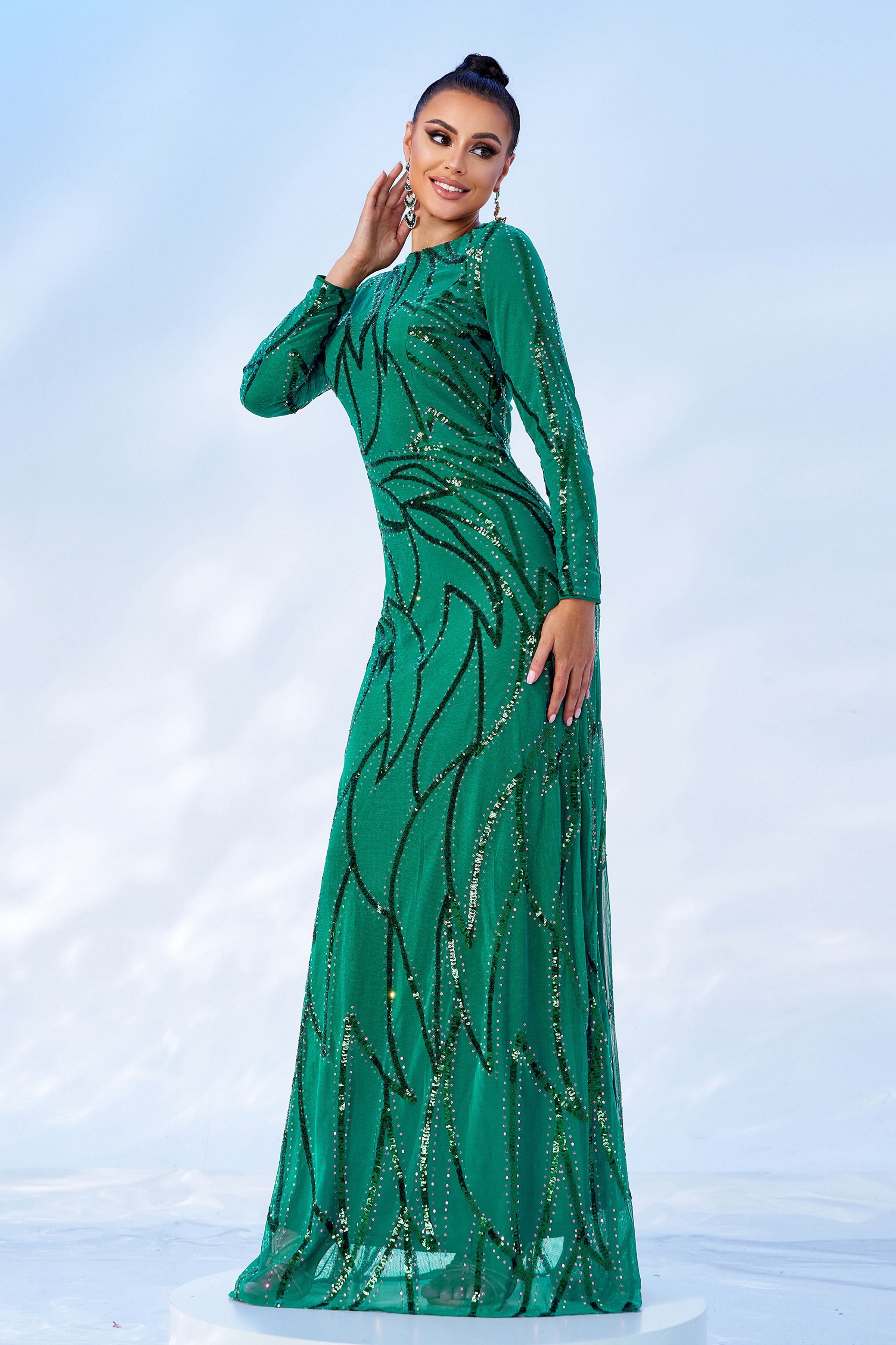Azina -XJ1962 A-Line Long Sleeve Sequin Dress