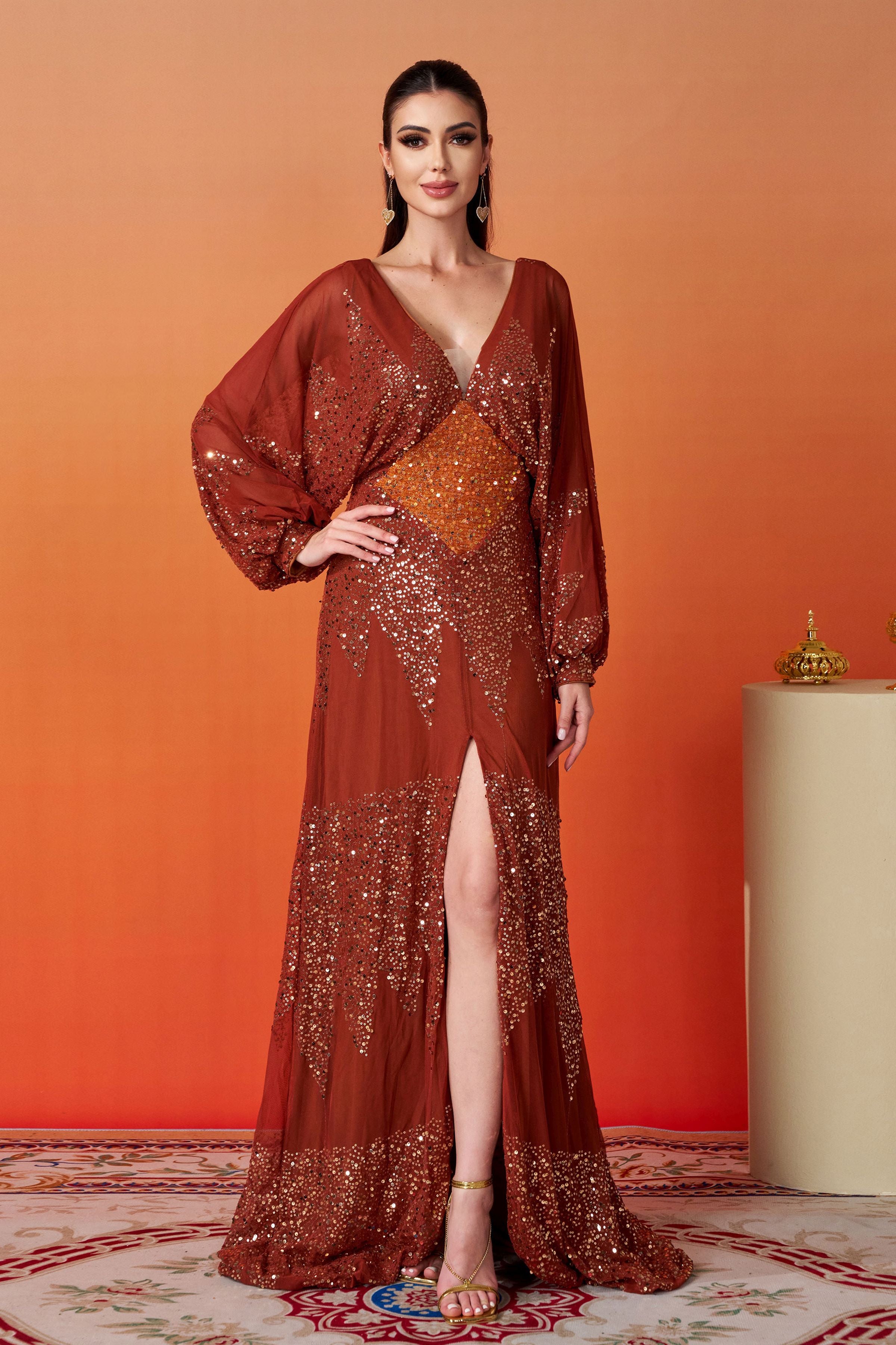 Azina -RM21107 V-Neck Sleeve Sequin Gown