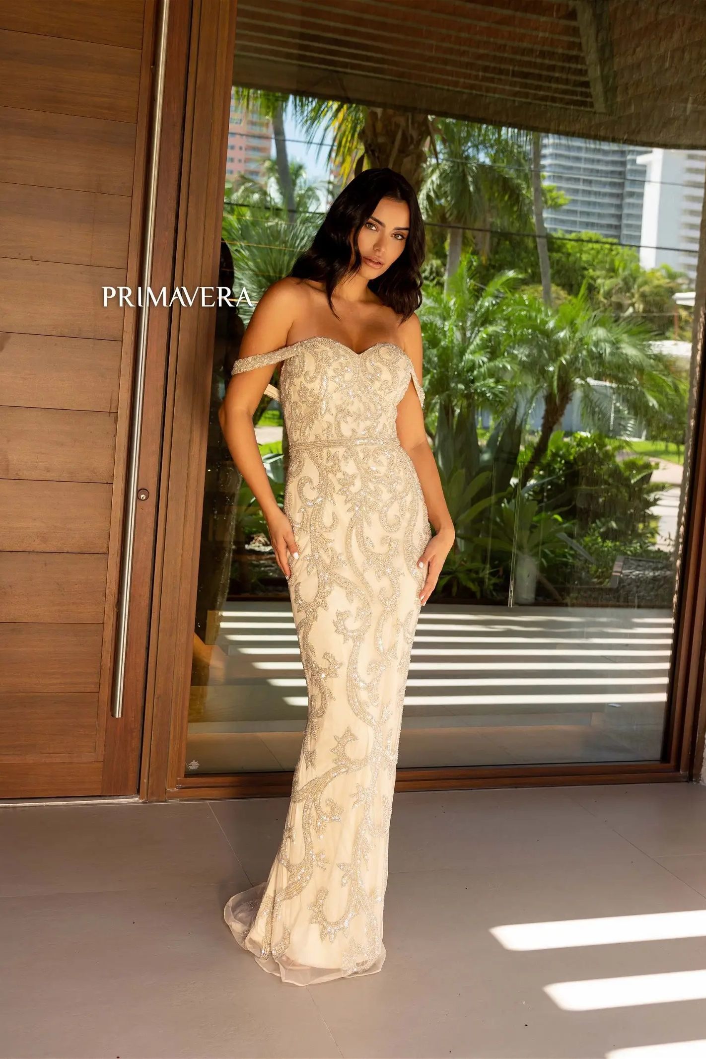 Primavera Couture -12110 Off Shoulder Beaded Sheath Dress