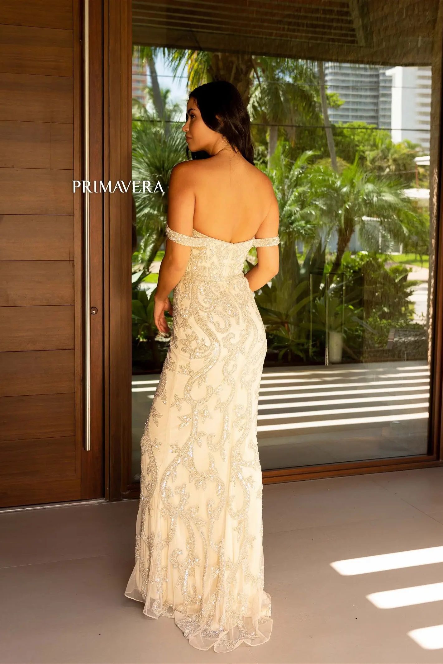 Primavera Couture -12110 Off Shoulder Beaded Sheath Dress