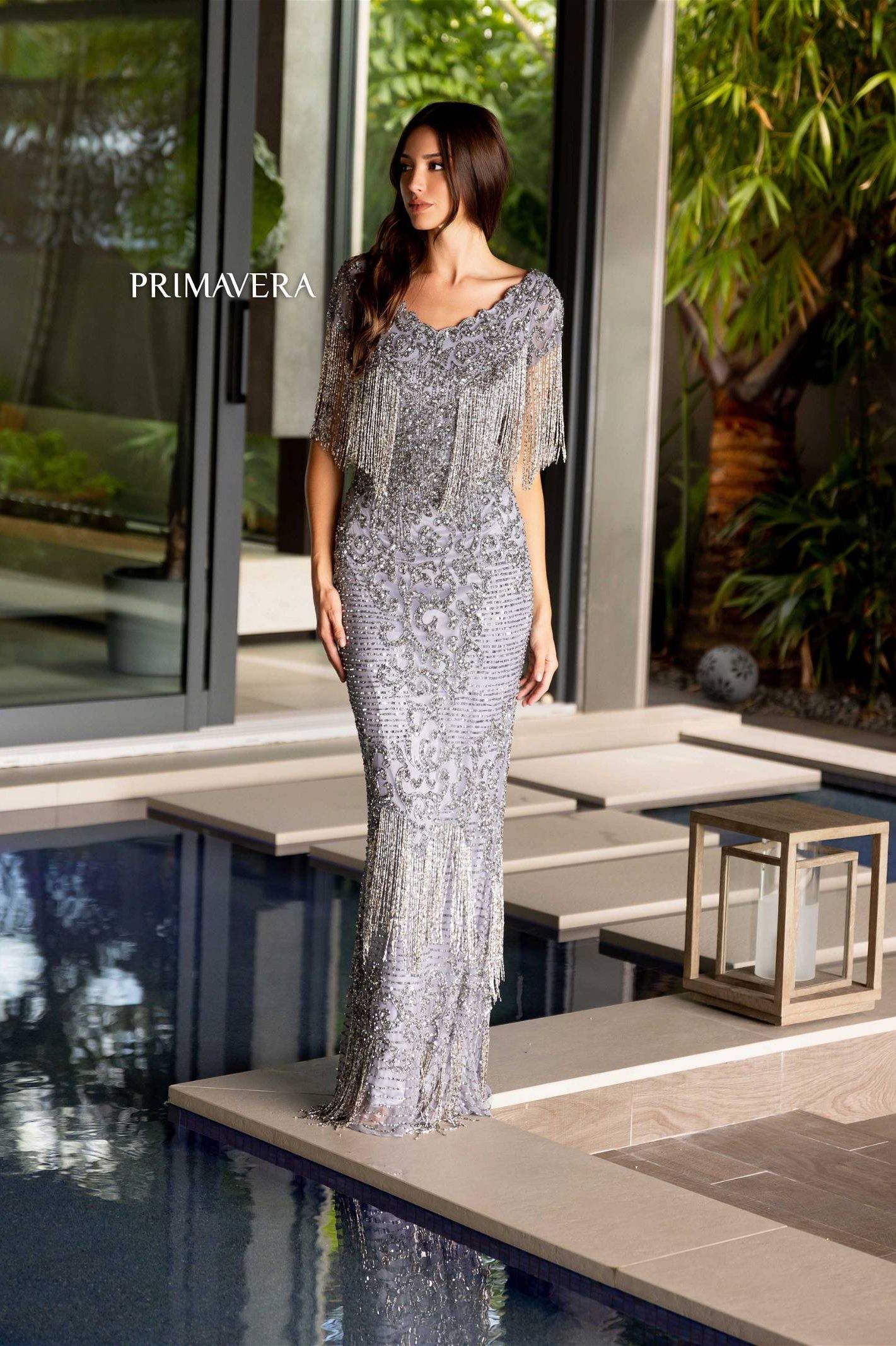 Primavera Couture -12152 Beaded Fringes Evening Sheath Dress