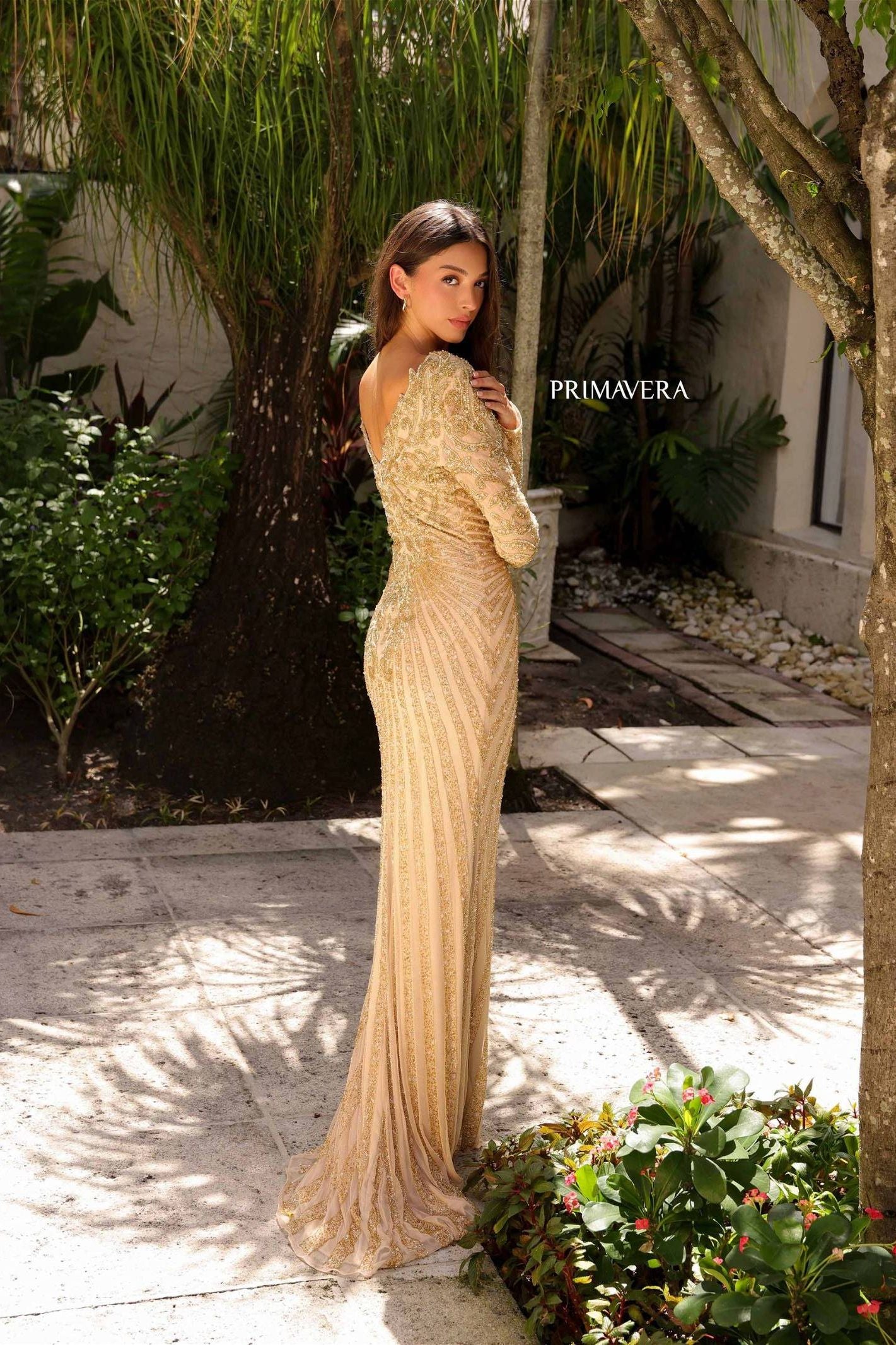 Primavera Couture -12154 V-Neck Sequin Beaded Evening Dress