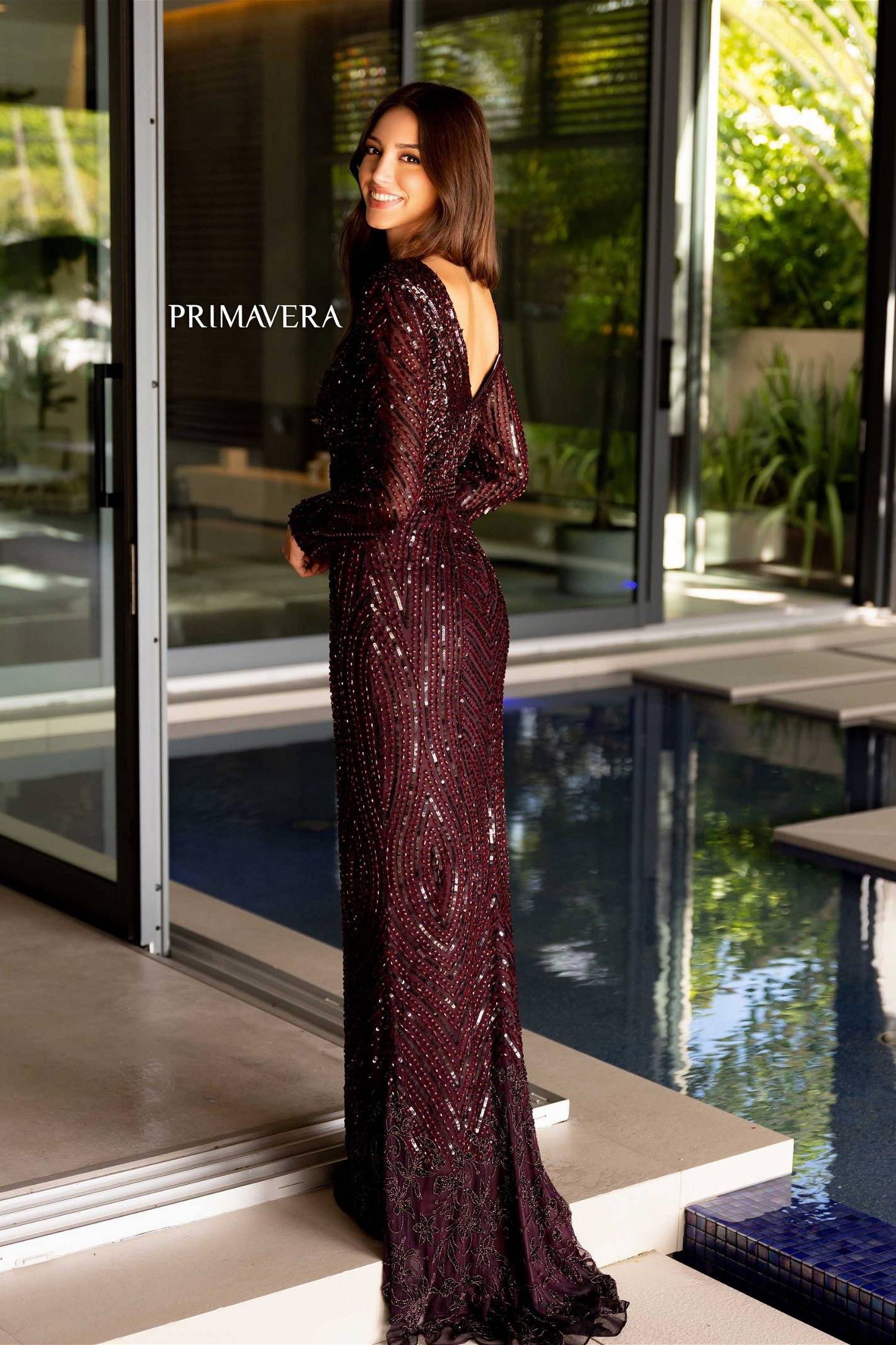 Primavera Couture -12157 Sequin Embellished V-Neck Mermaid Evening Dress