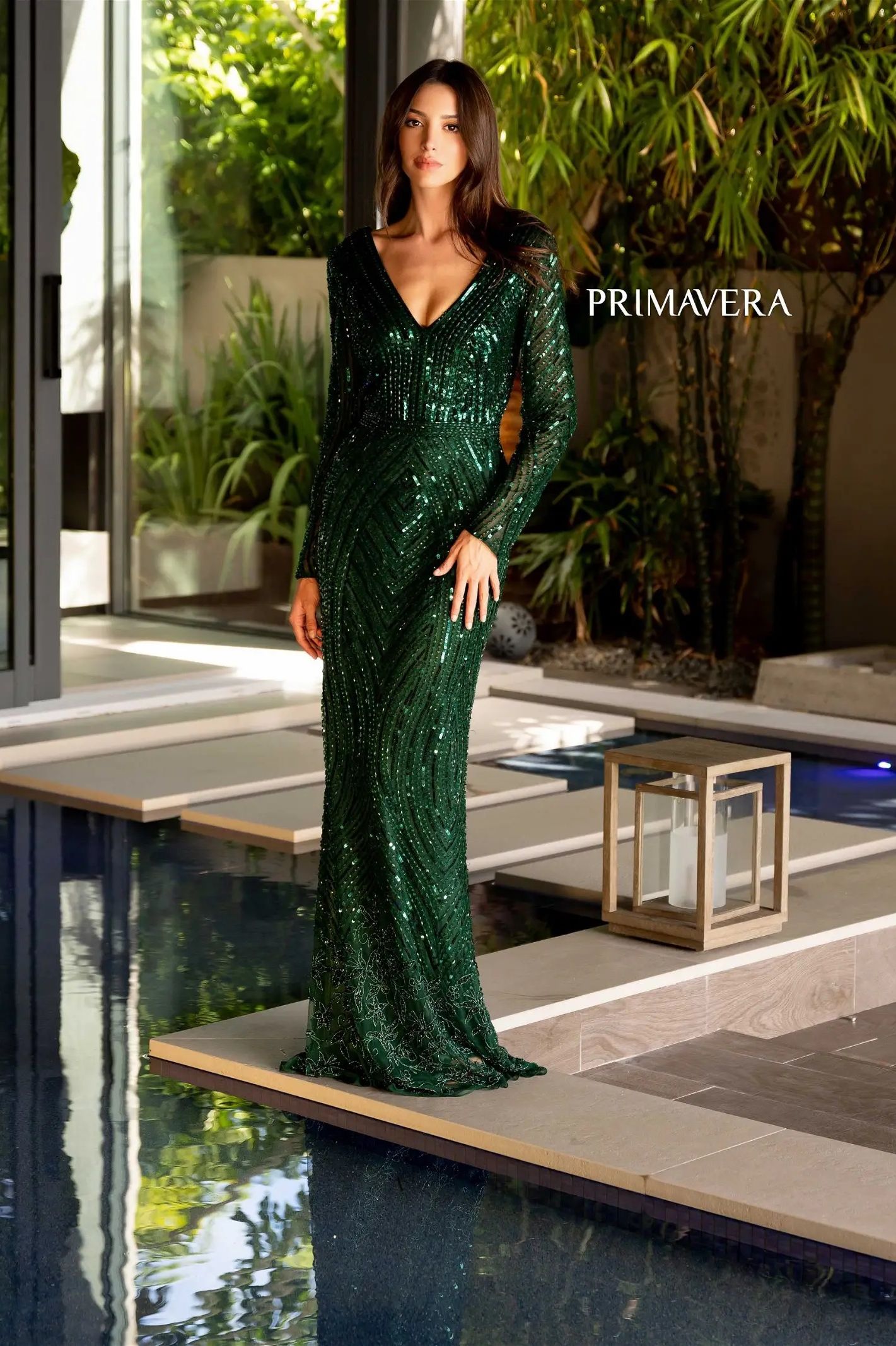 Primavera Couture -12157 Sequin Embellished V-Neck Mermaid Evening Dress