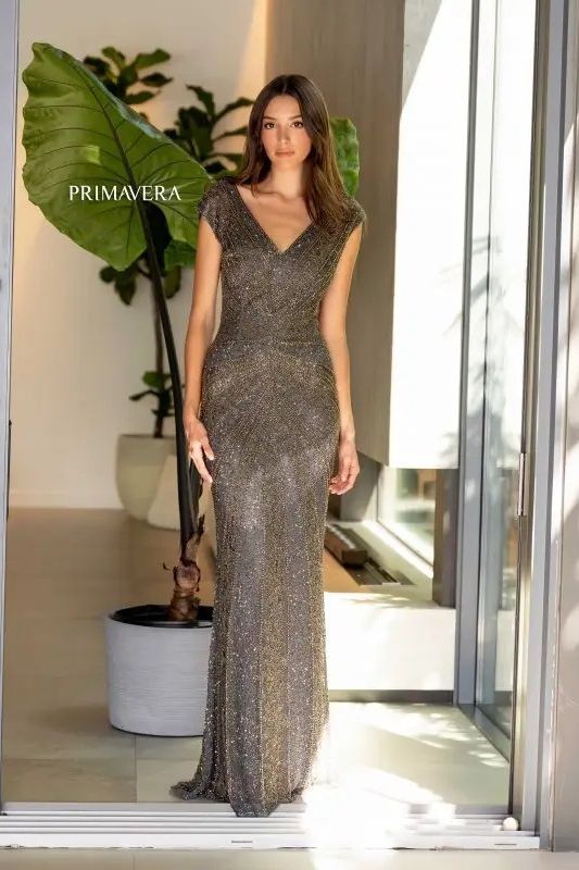 Primavera Couture -12163 Sequin Beaded V-Neck Evening Dress