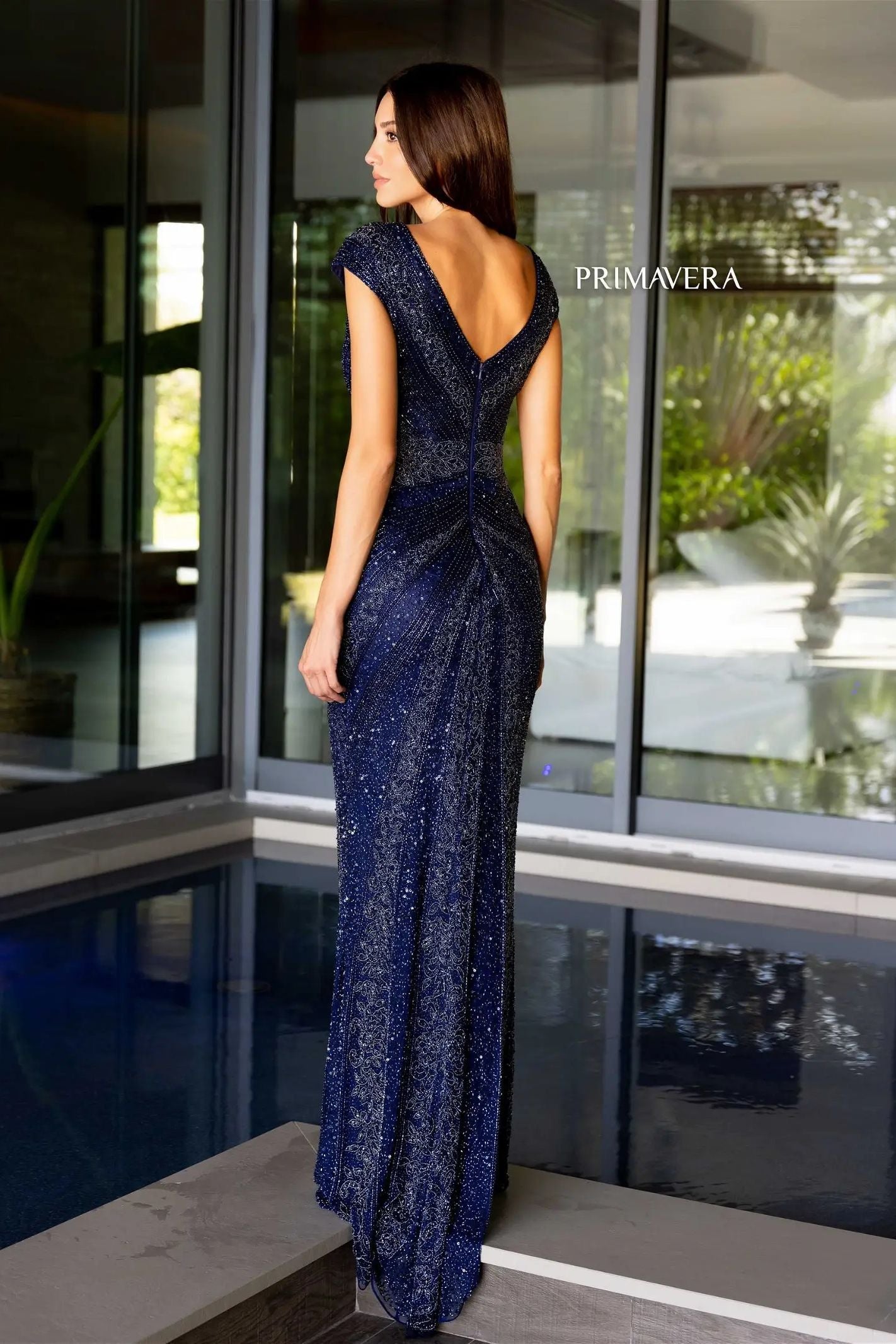 Primavera Couture -12163 Sequin Beaded V-Neck Evening Dress