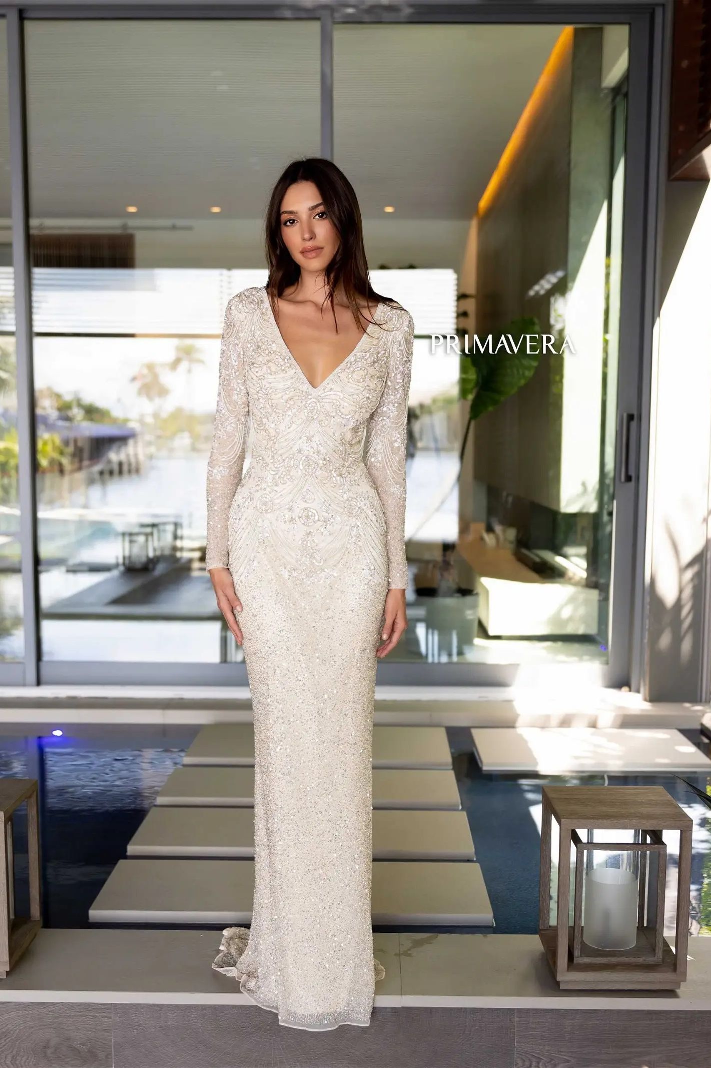 Primavera Couture -12165 Beaded V-Neck Evening Dress