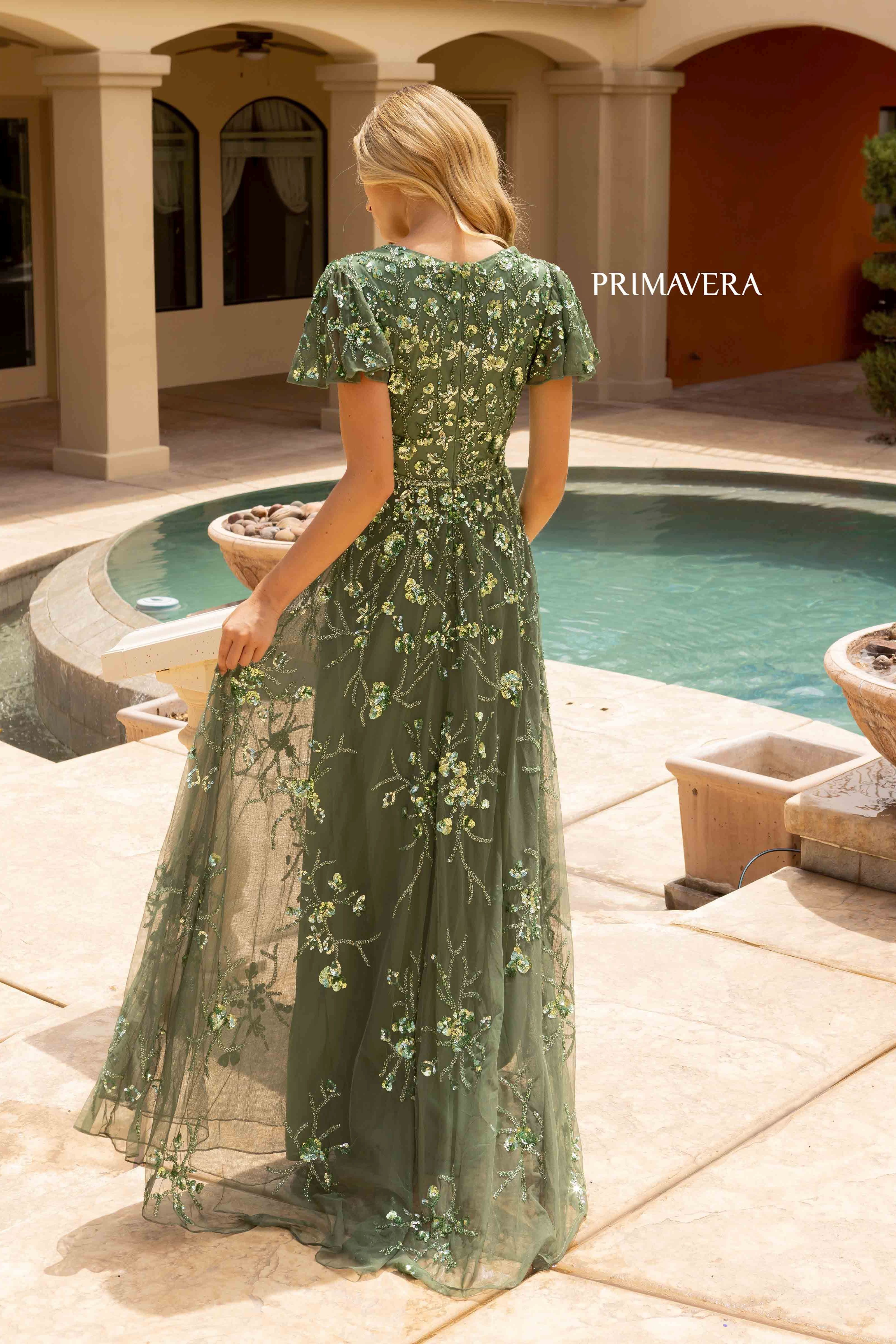 Primavera Couture -12193 Beaded Flutter Sleeve Evening Gown