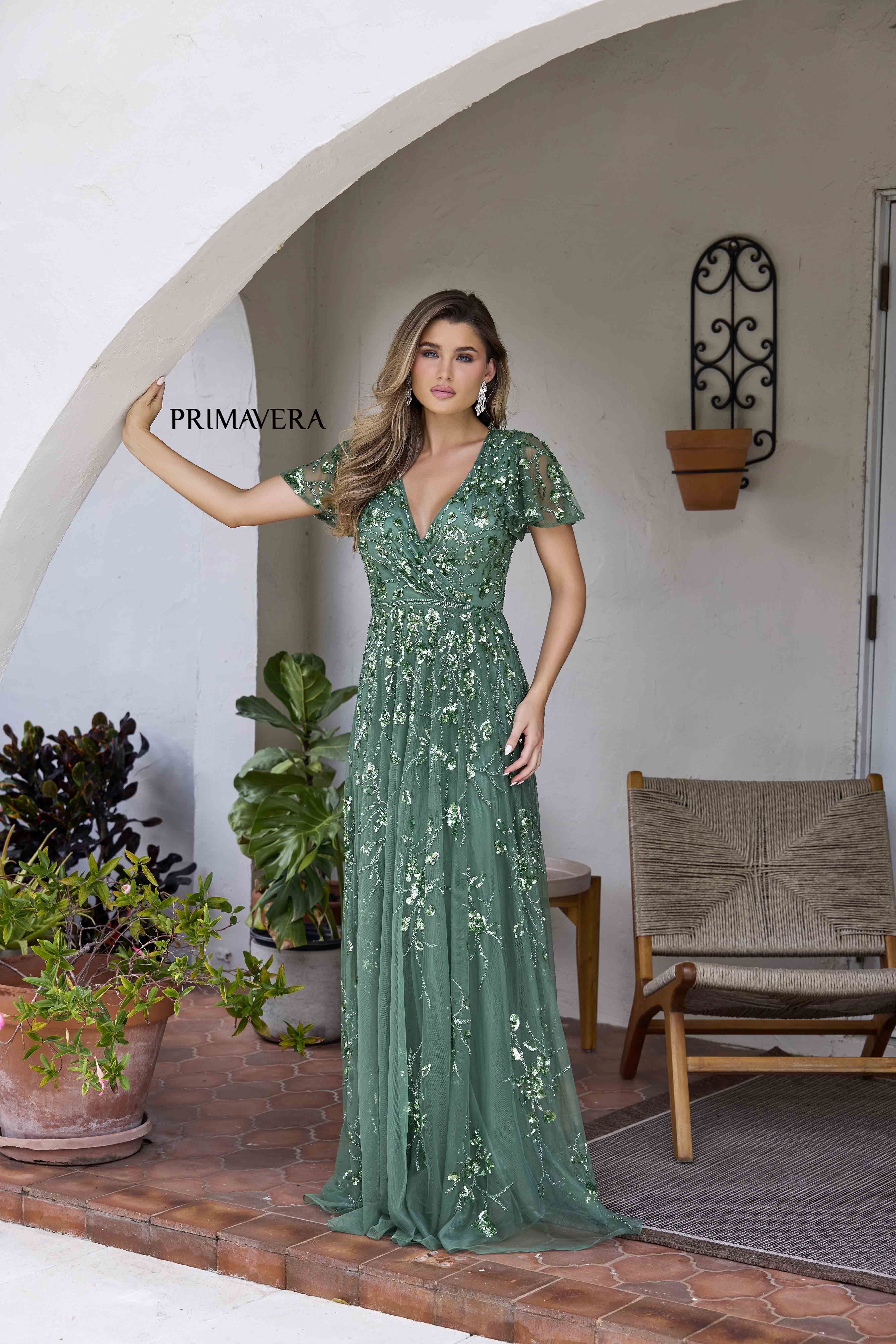 Primavera Couture -12193 Beaded Flutter Sleeve Evening Gown