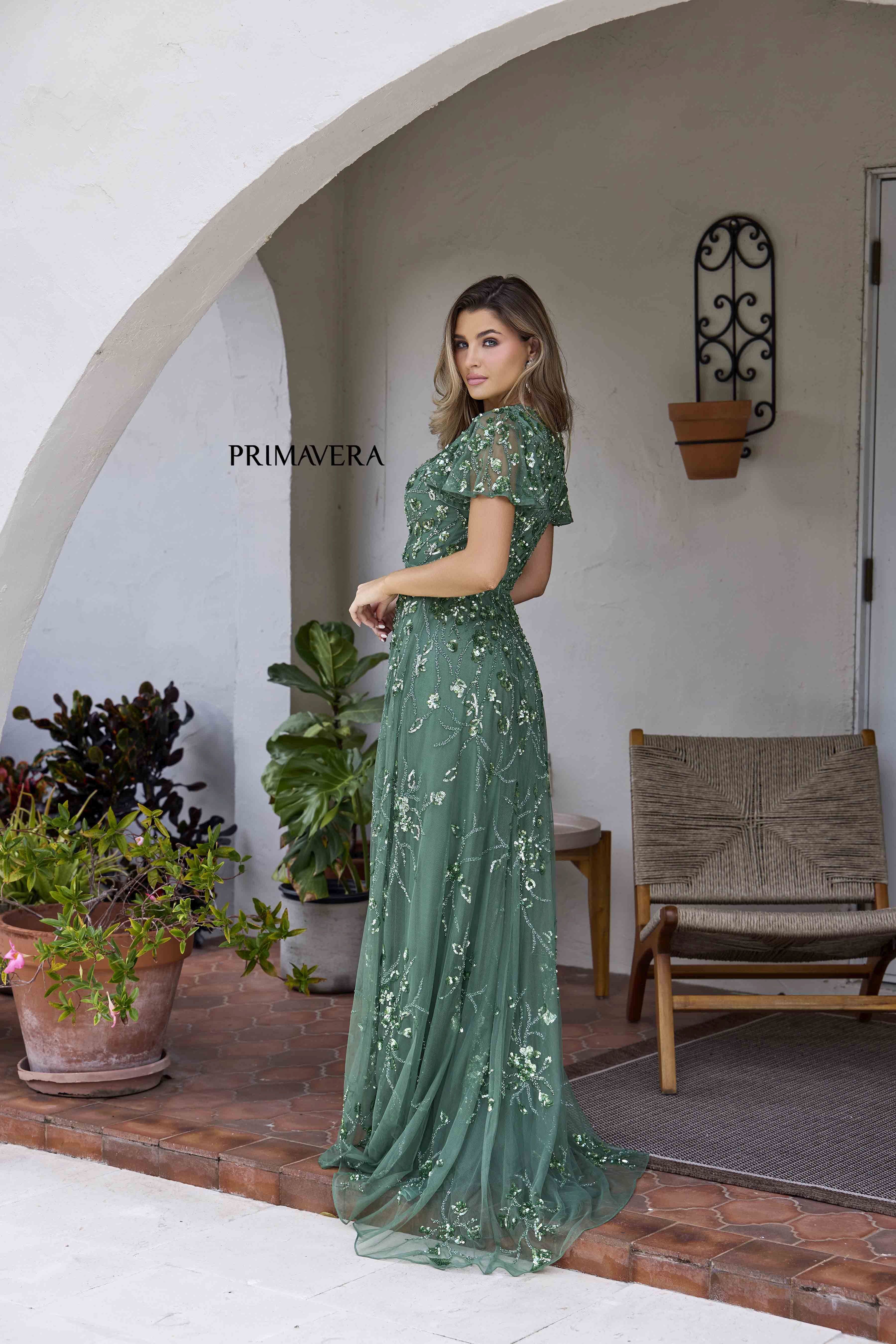 Primavera Couture -12193 Beaded Flutter Sleeve Evening Gown