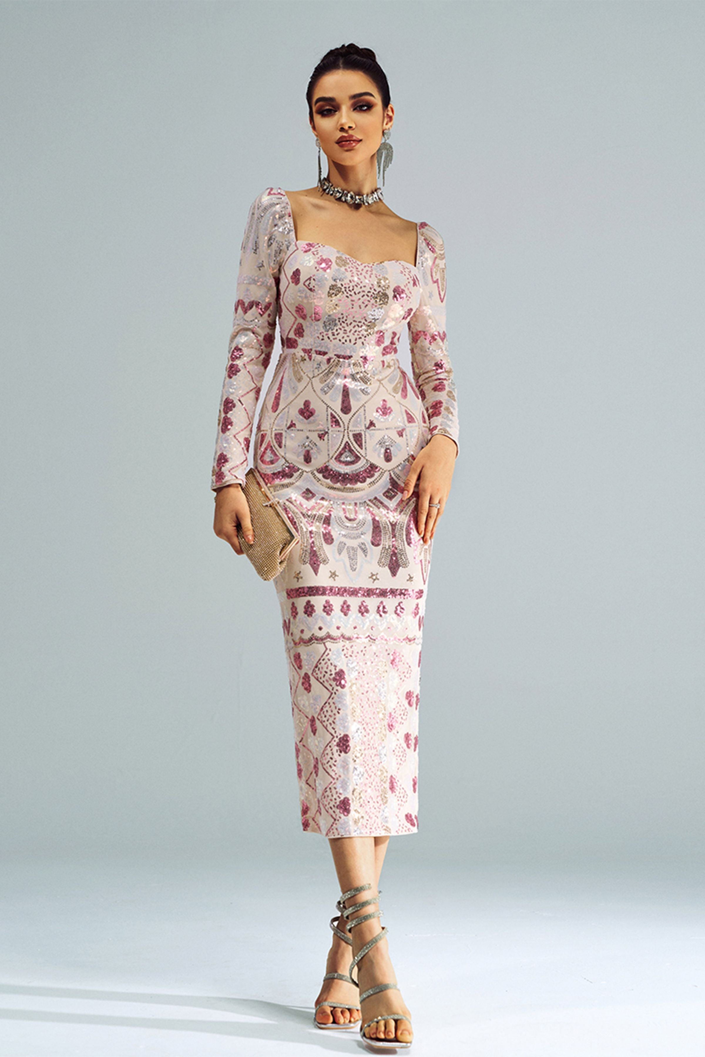 Azina -RM20830 Square Neck Long Sleeve Sequin Dress